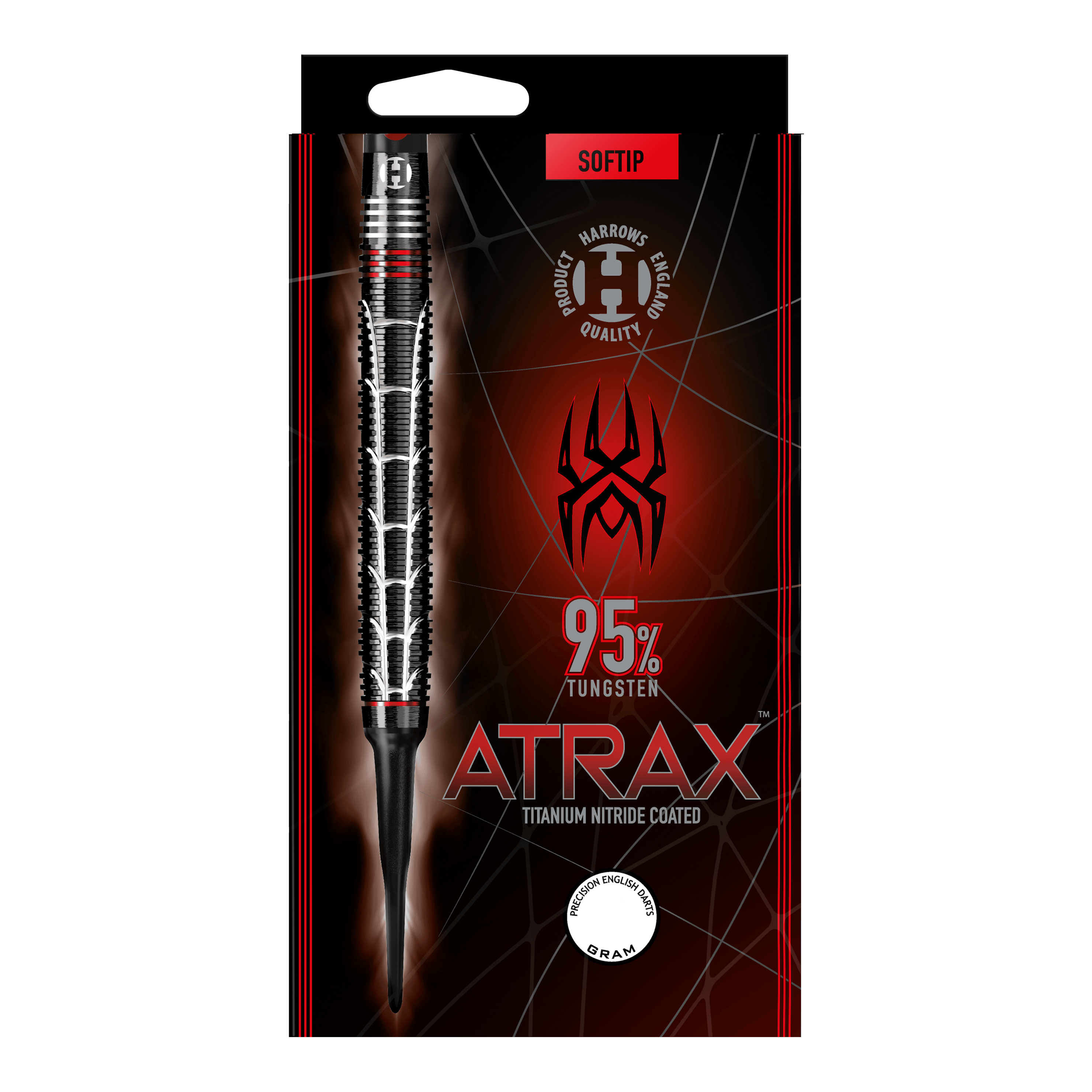 Harrows Atrax Softdarts Auf dem Bild ist eine Verpackung für einen Softdart mit der Aufschrift "ATRAX" zu sehen. Der Dart besteht zu 95 % aus Wolfram und ist titan-nitrid beschichtet.