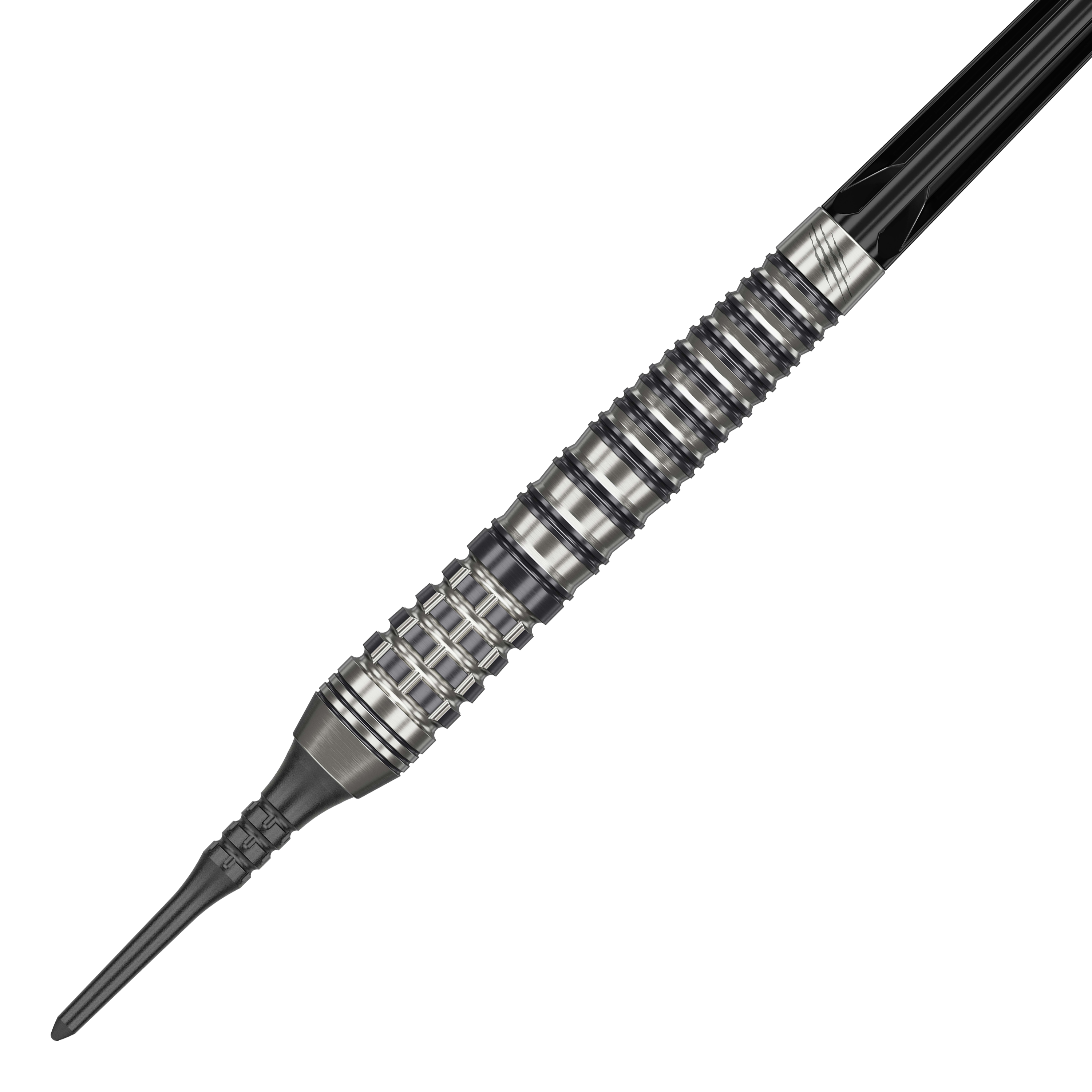 Target Japan Black Marque Renegade 4 Softdarts - 19g Das Bild zeigt einen Target Japan Black Marque Renegade 4 Softdart mit 19g Gewicht. Der Dart hat ein silber-schwarzes, gerilltes Design und eine schwarze Softspitze.