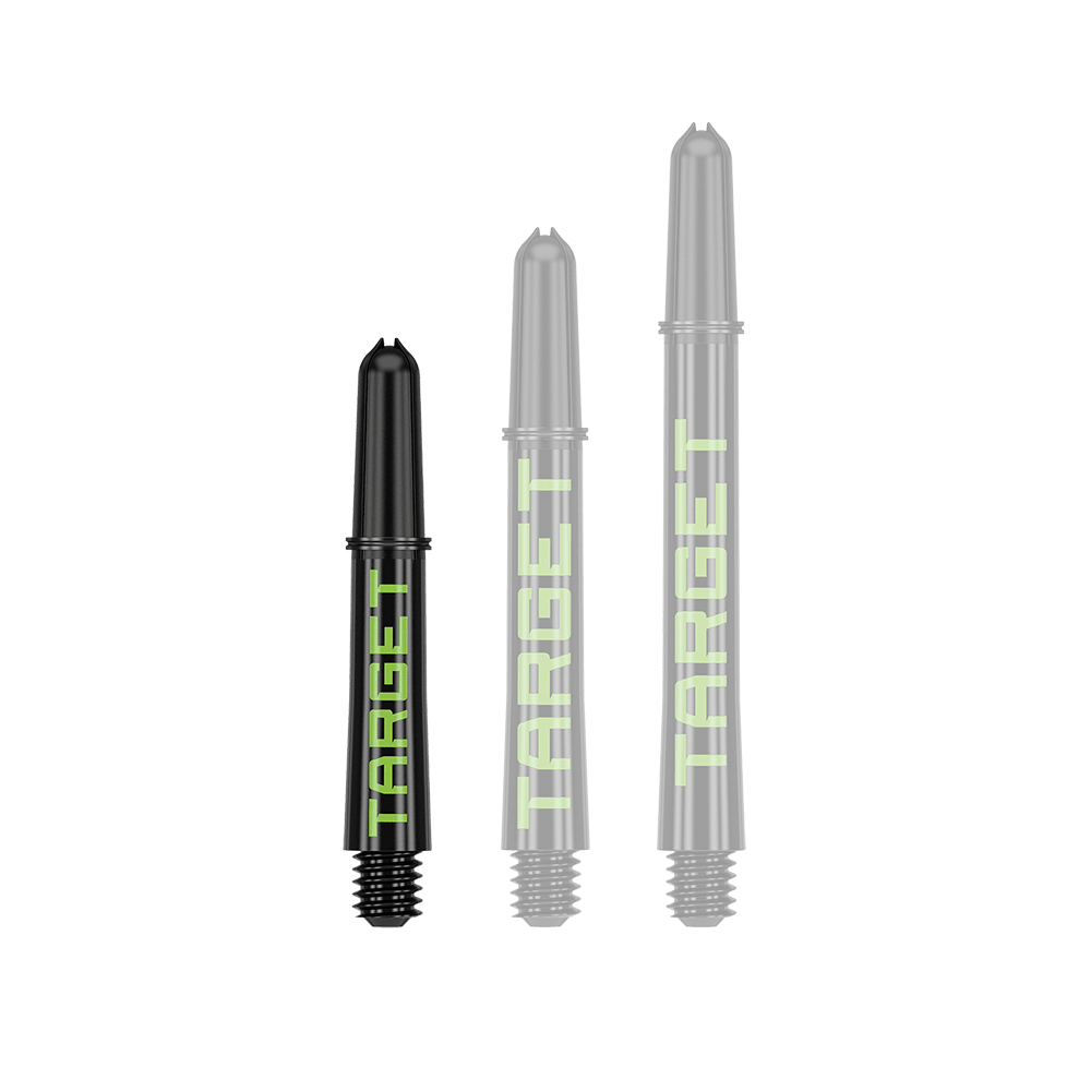 Target Pro Grip TAG Shafts - 3 Sets - Schwarz Grün Das Bild zeigt drei schwarze Dart-Schäfte in verschiedenen Längen mit grünem Schriftzug "TARGET". Sie sind nebeneinander auf weißem Hintergrund angeordnet.