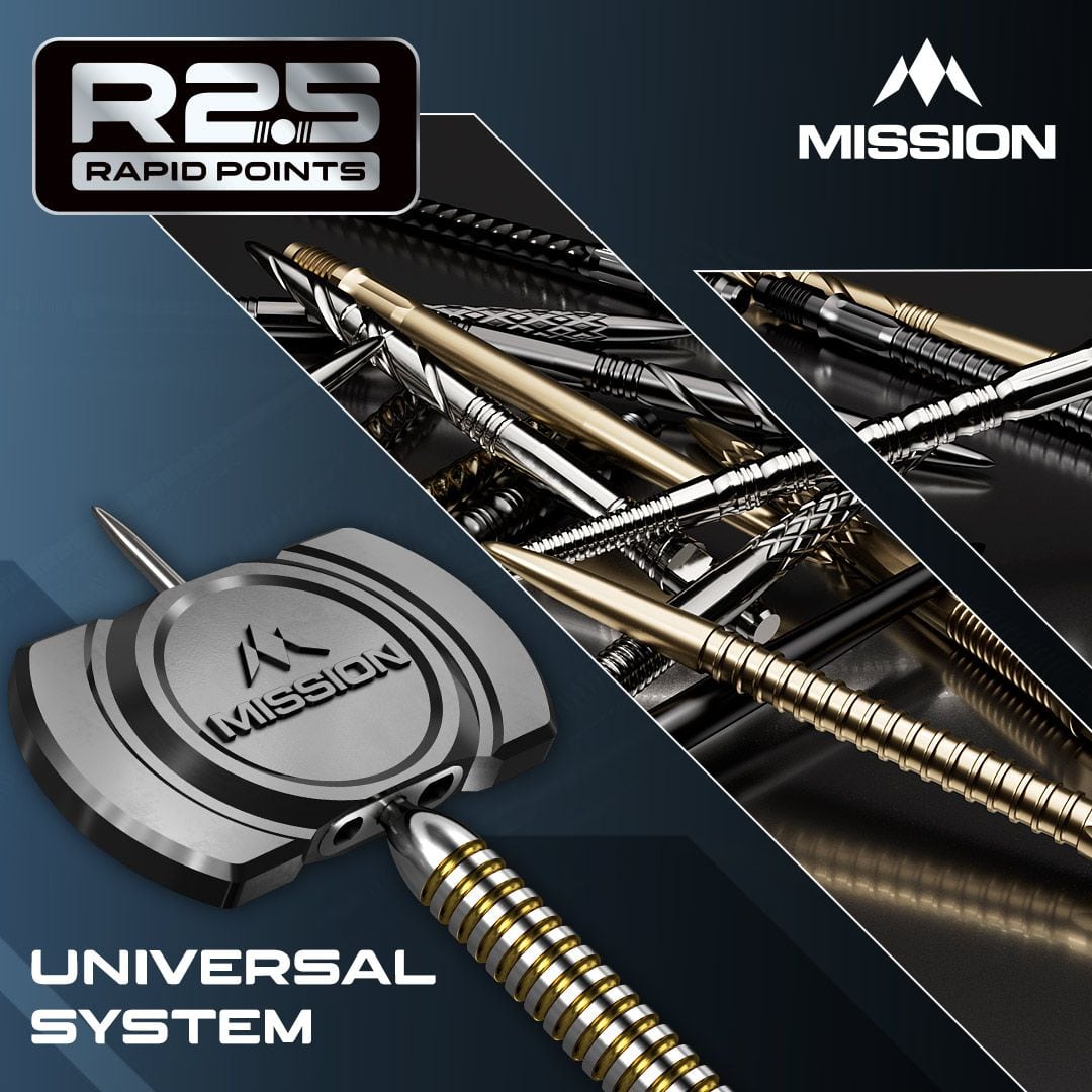Mission R2.5 Rapid Point DSX Dartspitzen - Schwarz Die Abbildung zeigt die Mission R2.5 Rapid Point GV1 Dartspitzen in Silber. Es sind speziell designte Dartspitzen für Präzision und Haltbarkeit.