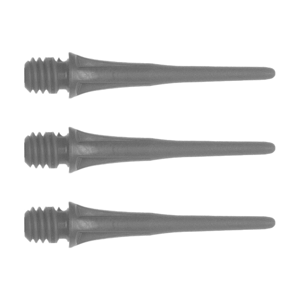 X9053_Cosmo_Fit_Point_Plus_2BA_Spitzen_Grau_1 Das Bild zeigt drei schwarze Dartspitzen mit Gewinde. Es handelt sich um das Produkt "Cosmo Fit Point Plus 2BA Spitzen 25mm (50er Pack)".
