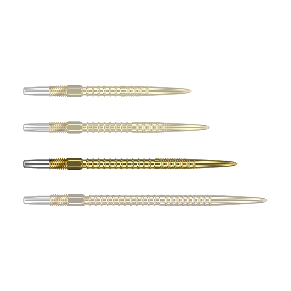 Auf dem Bild sind vier goldene Dartspitzen in einer Reihe zu sehen. Die Spitzen haben einen metallischen Glanz und sind identisch gestaltet.