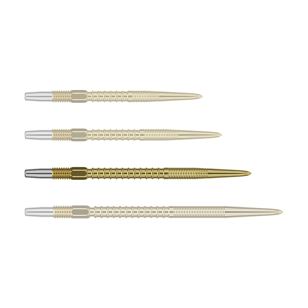 Target Swiss Firepoint Gold Dartspitzen Auf dem Bild sind vier goldene Dartspitzen in einer Reihe zu sehen. Die Spitzen haben einen metallischen Glanz und sind identisch gestaltet.