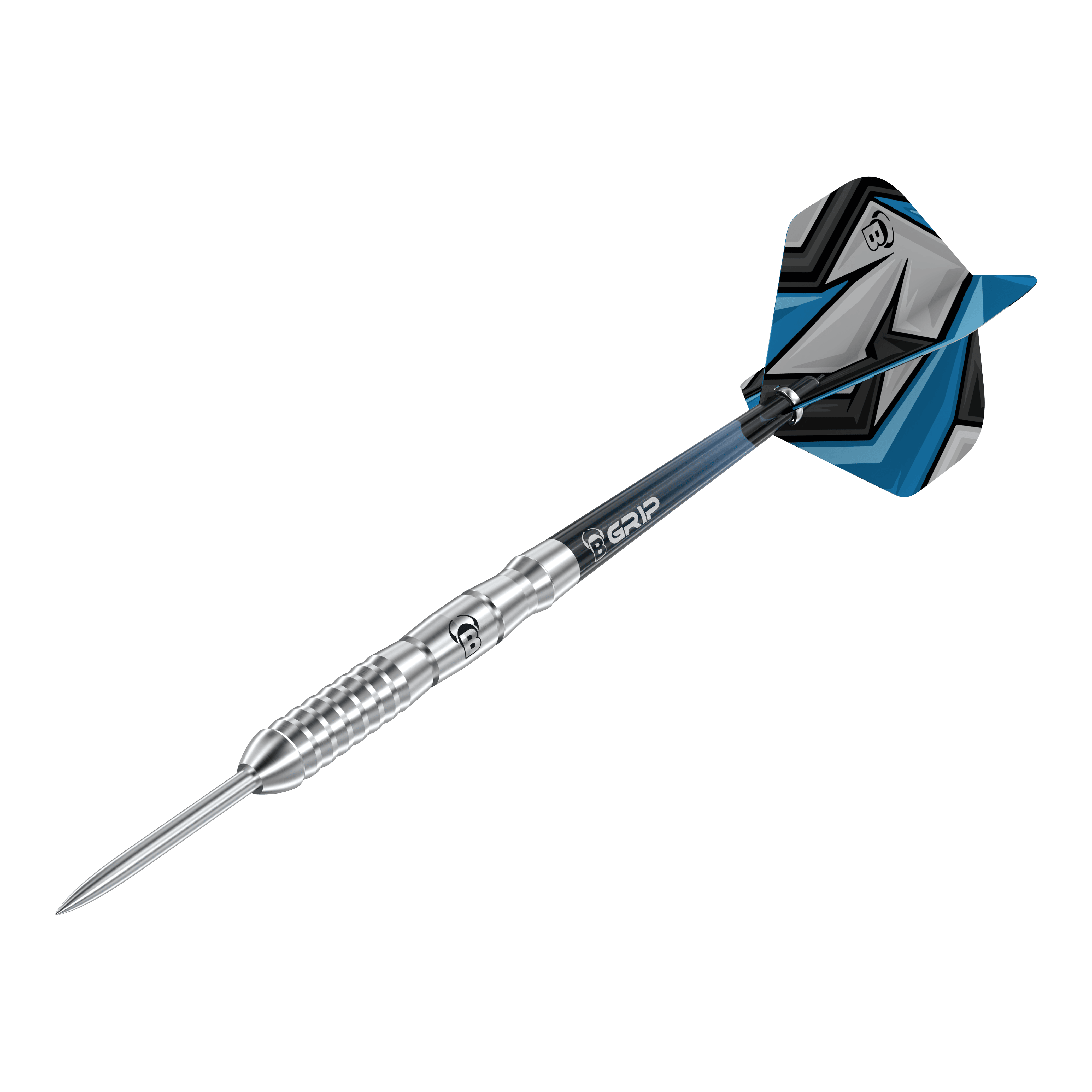 Bulls Stone S3 Steeldarts Das Bild zeigt einen Bulls Stone S3 Steeldart mit silbernem Barrel. Die Flights sind blau, schwarz und grau gemustert.