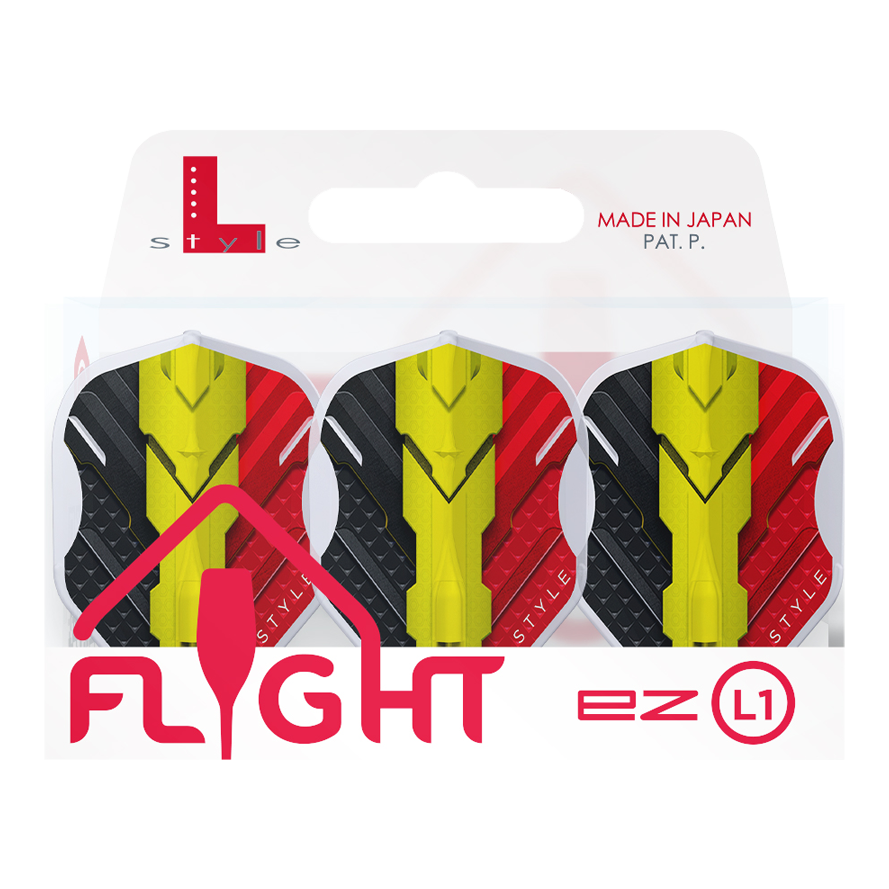 Das Bild zeigt eine Packung mit drei L-Style V-Series V1 Type C Belgium Clear White L1EZ Flights. Die Flights sind in den Farben Schwarz, Gelb und Rot gestaltet und werden in einer Verpackung mit der Aufschrift "Made in Japan" präsentiert.