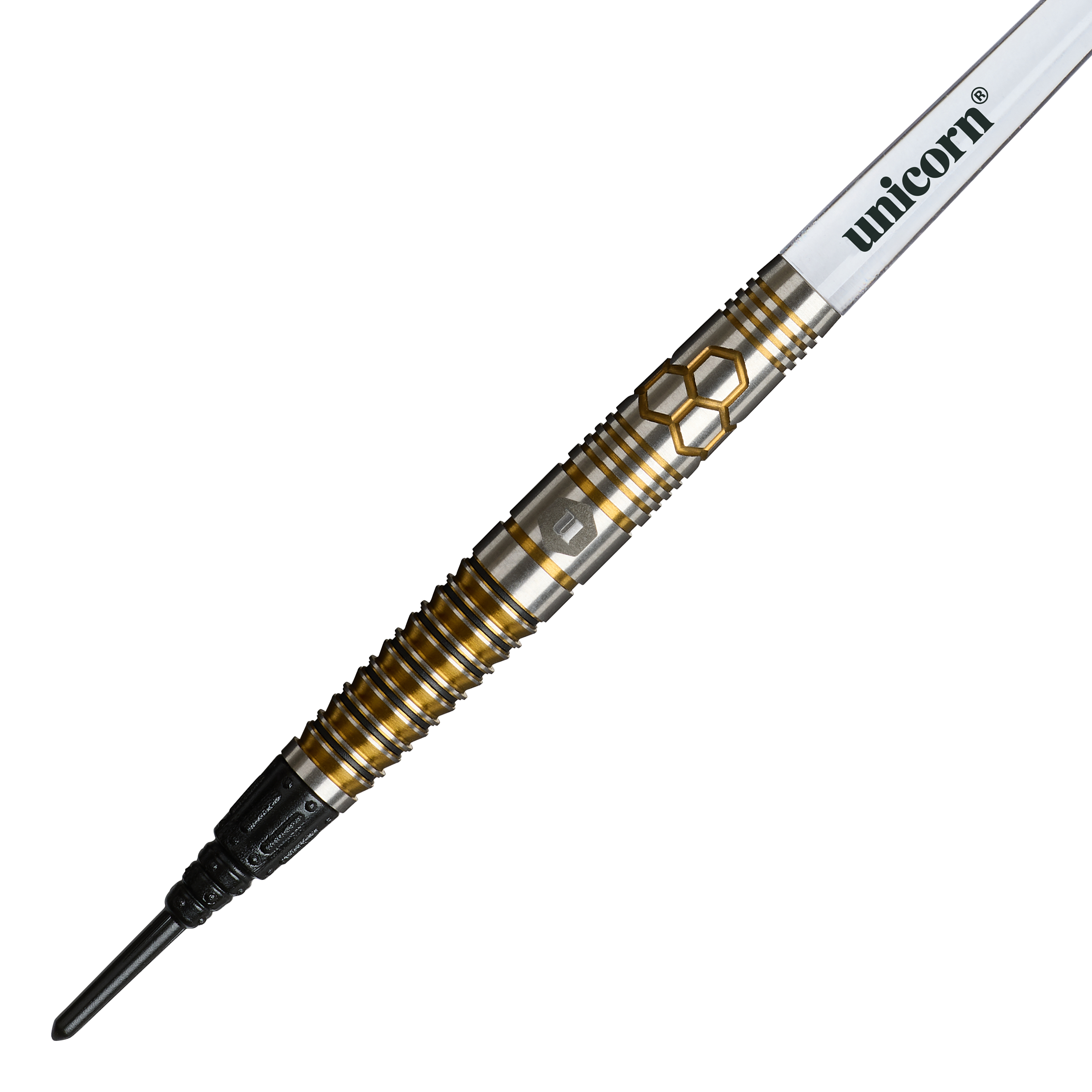 Unicorn Hexium Style 03 Gold & Black Softdarts - 23g Das Foto zeigt Unicorn Hexium Style 03 Gold & Black Softdarts, 23g. Die Darts haben ein modernes Muster in Gold und Schwarz.