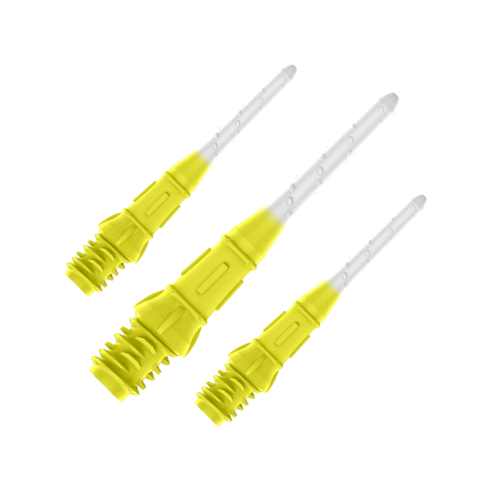L-Style Premium Two Tone Lippoints (30er Pack)-Gelb/Weiß Auf dem Bild sind drei gelb-weiße Dartspitzen zu sehen. Sie sind nebeneinander angeordnet und wirken modern sowie hochwertig verarbeitet.