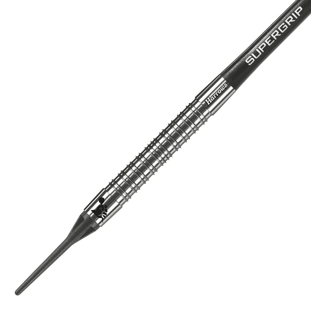 Das Bild zeigt einen Harrows Supergrip 90% Softdart. Der Dartpfeil hat einen silbernen, gerillten Schaft und eine schwarze Spitze.