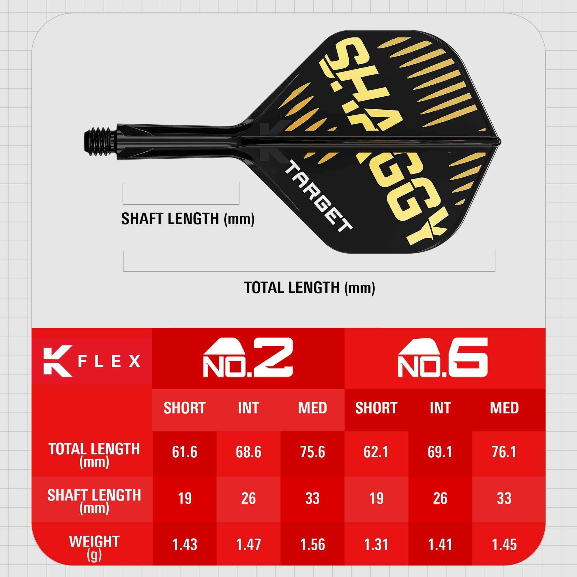 Target K-Flex Scott Williams No2 Standard Flight-Shaft-System Das Bild zeigt das Produkt "Target K-Flex Scott Williams No2 Standard Flights" mit einem schwarzen und goldenen Design. Unten sind die Maße für verschiedene Längen und Gewichte der Flights in einer Tabelle dargestellt.