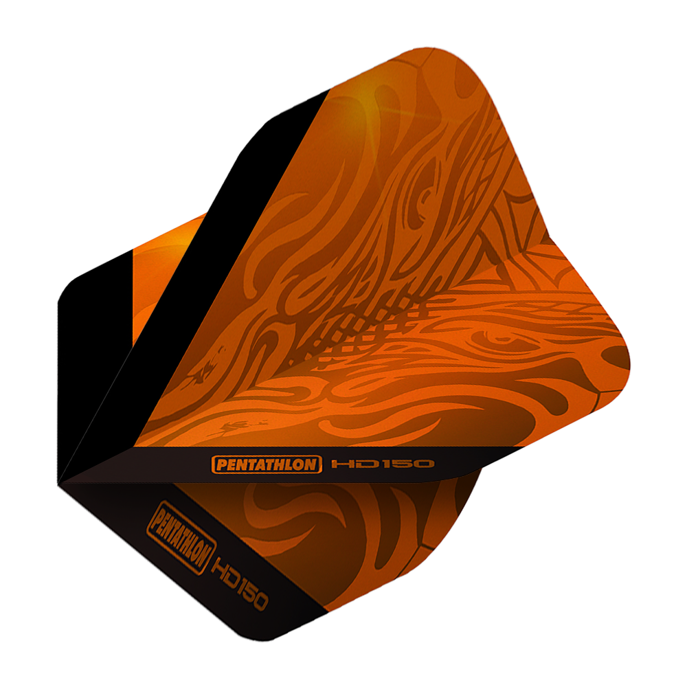 Pentathlon HD150 Metallic Orange Standard Flights Das Bild zeigt ein Pentathlon HD150 Metallic Orange Standard Flight für Darts. Das Flight ist orange mit schwarzen Akzenten und einem auffälligen Muster.