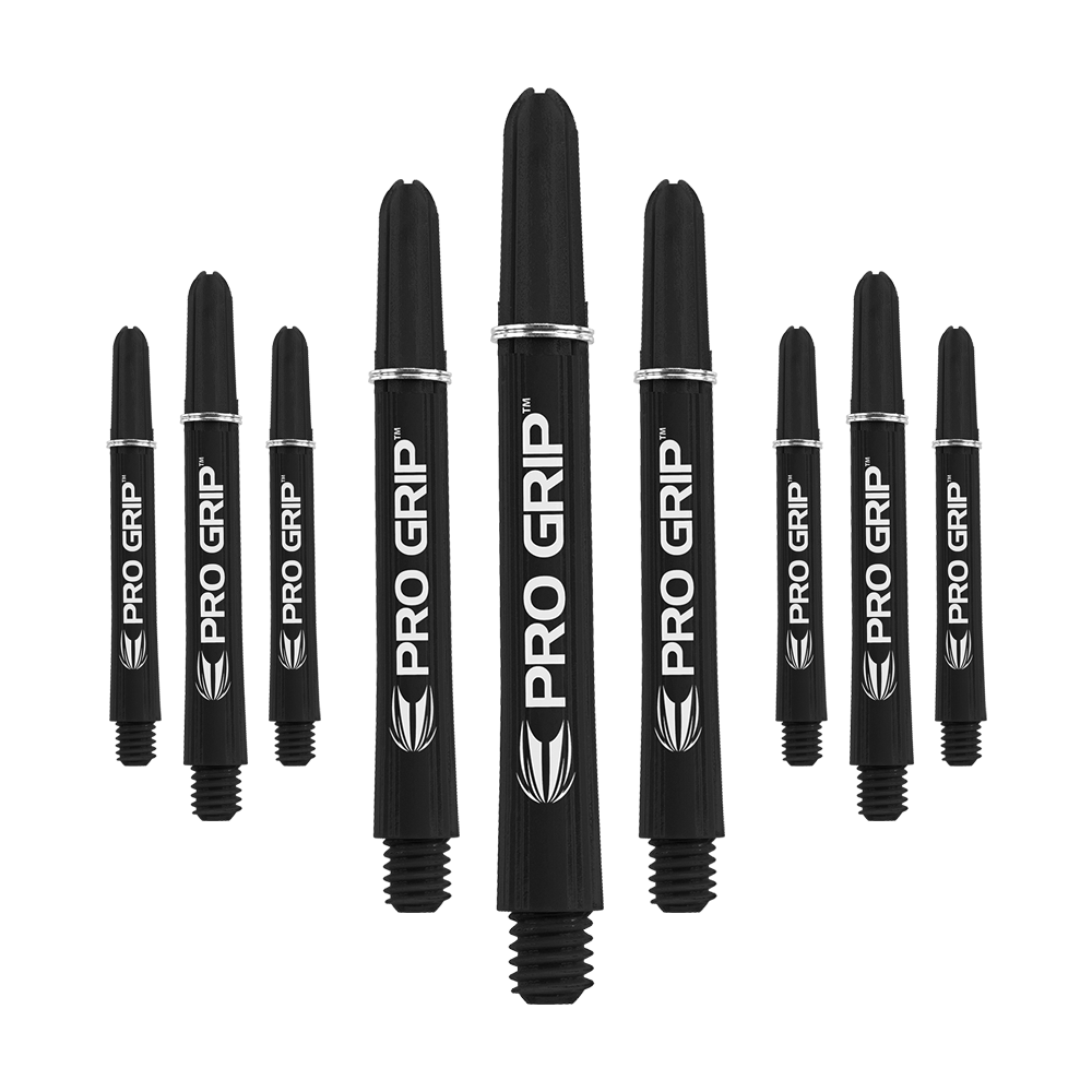 Das Bild zeigt neun schwarze Pro Grip Shafts für Darts in verschiedenen Größen. Sie sind mit weißem Schriftzug und Logo versehen und stehen aufrecht nebeneinander.