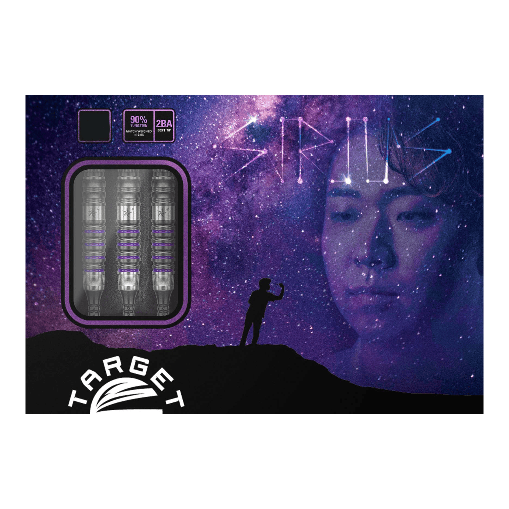 Das Bild zeigt die "Target Japan Prime Series Yuta Hayashi Sirius GEN3 MAX Softdarts - 21,5g" in einer farbenfrohen Verpackung. Im Hintergrund ist ein nachdenkliches Gesicht und eine Sternenhimmel-Szenerie mit dem Schriftzug "SIRIUS" zu sehen.