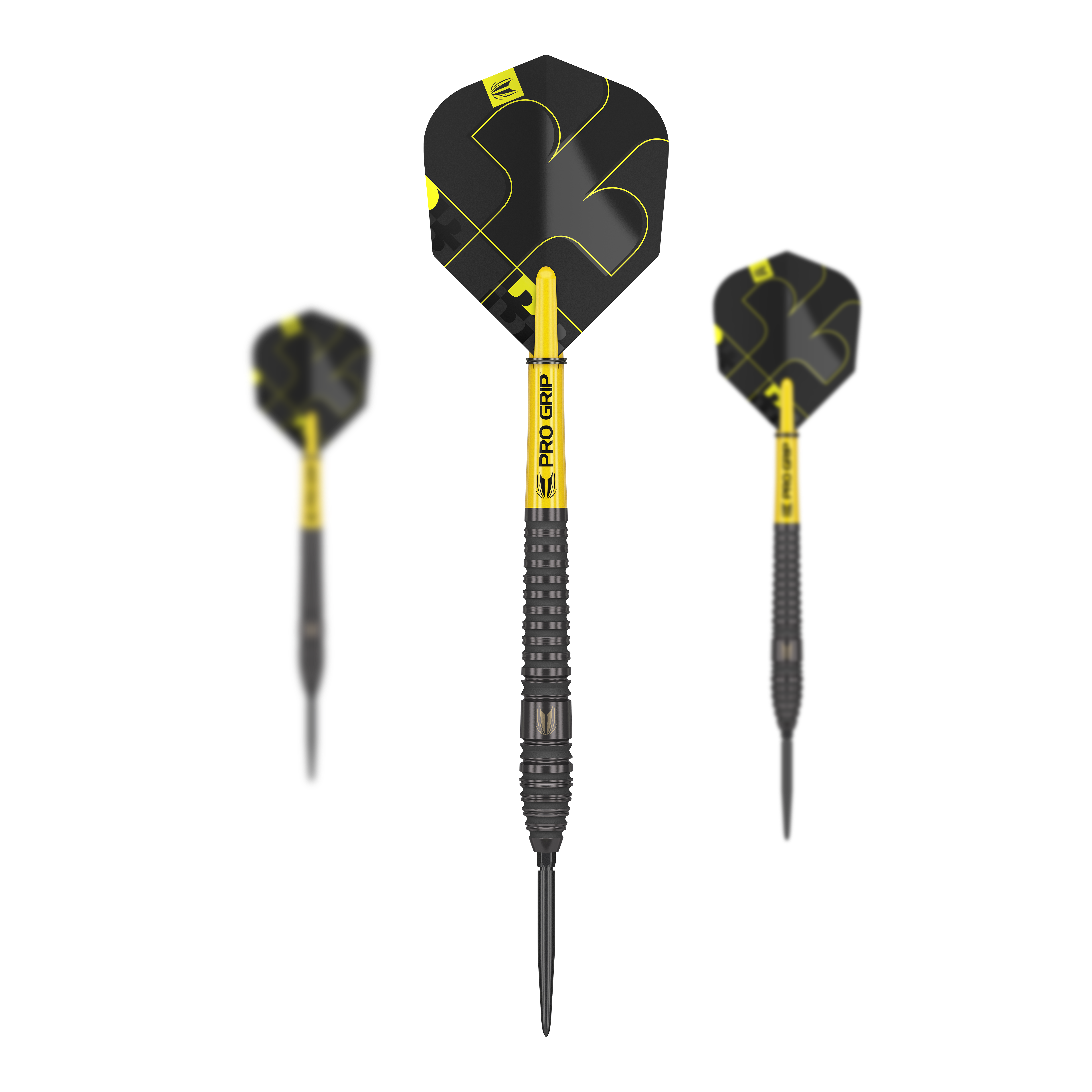 Das Bild zeigt drei Steeldarts des Produkts "Target Bolide Void 03 Swiss Point". Die Darts sind schwarz-gelb und haben den Schriftzug "Pro Grip" auf dem Schaft.