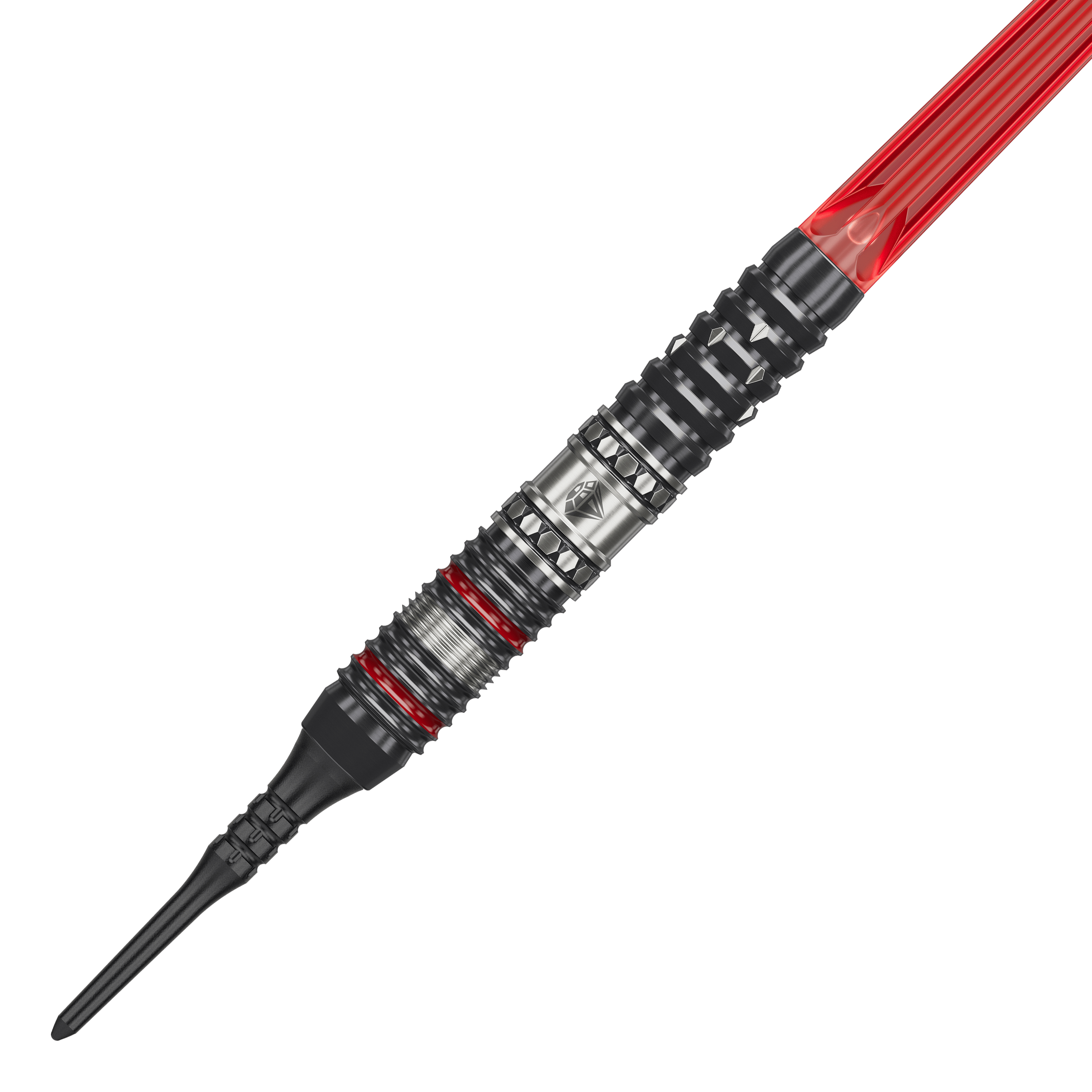 Target Japan Prime Series Diamond GEN3 Softdarts - 18g Das Bild zeigt einen Softdartpfeil aus der Produktreihe "Target Japan Prime Series Diamond GEN3" mit 18g Gewicht. Der Pfeil hat ein metallisches Design mit roten Akzenten und einer schwarzen Kunststoffspitze.