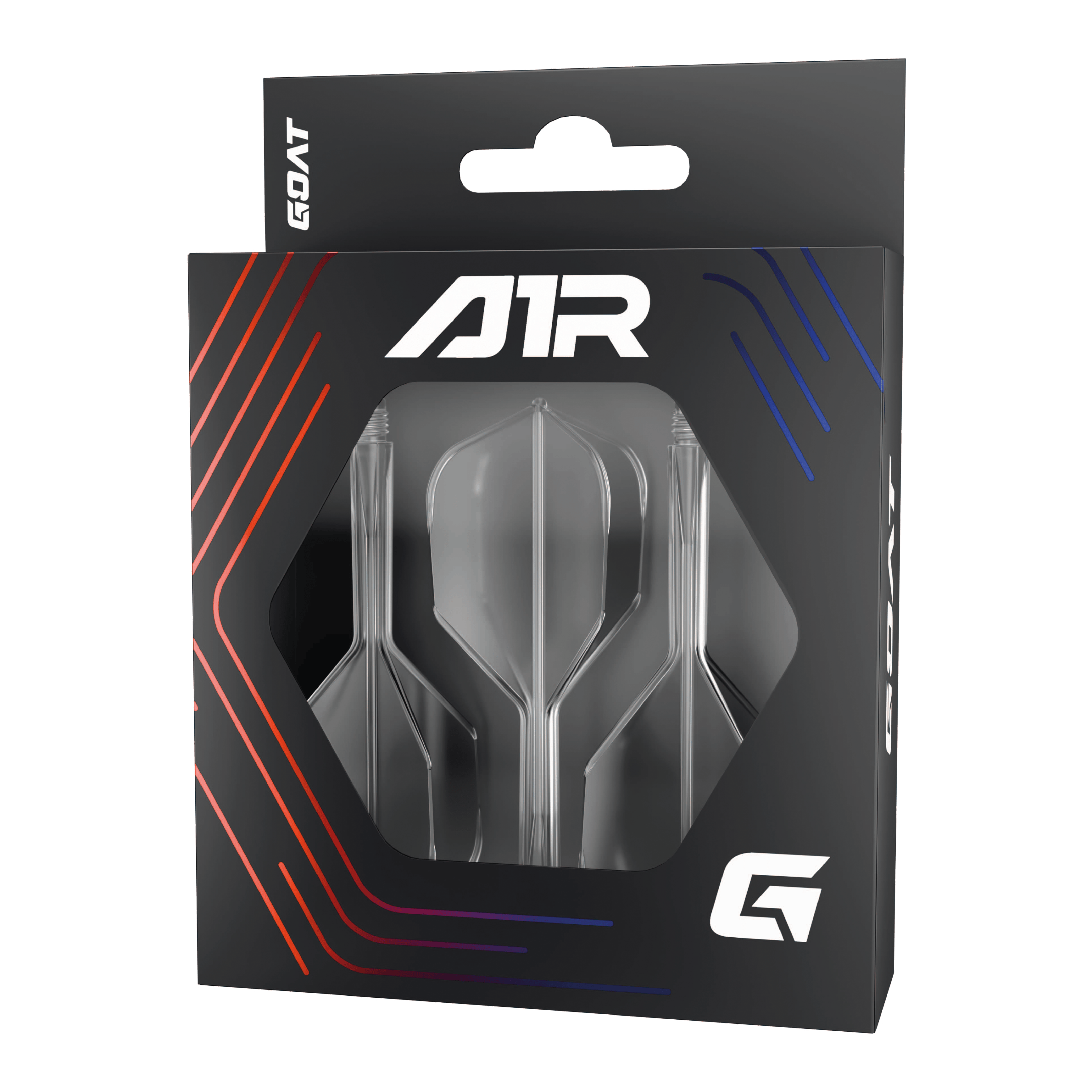 GOAT A1R No6 Flight-Shaft-System - Clear Die Abbildung zeigt das Produkt "GOAT A1R No6 Flight-Shaft-System - Clear" in einer schwarzen Verpackung mit Sichtfenster. In der Packung sind drei klare Flight-Shaft-Systeme für Dartpfeile zu sehen.