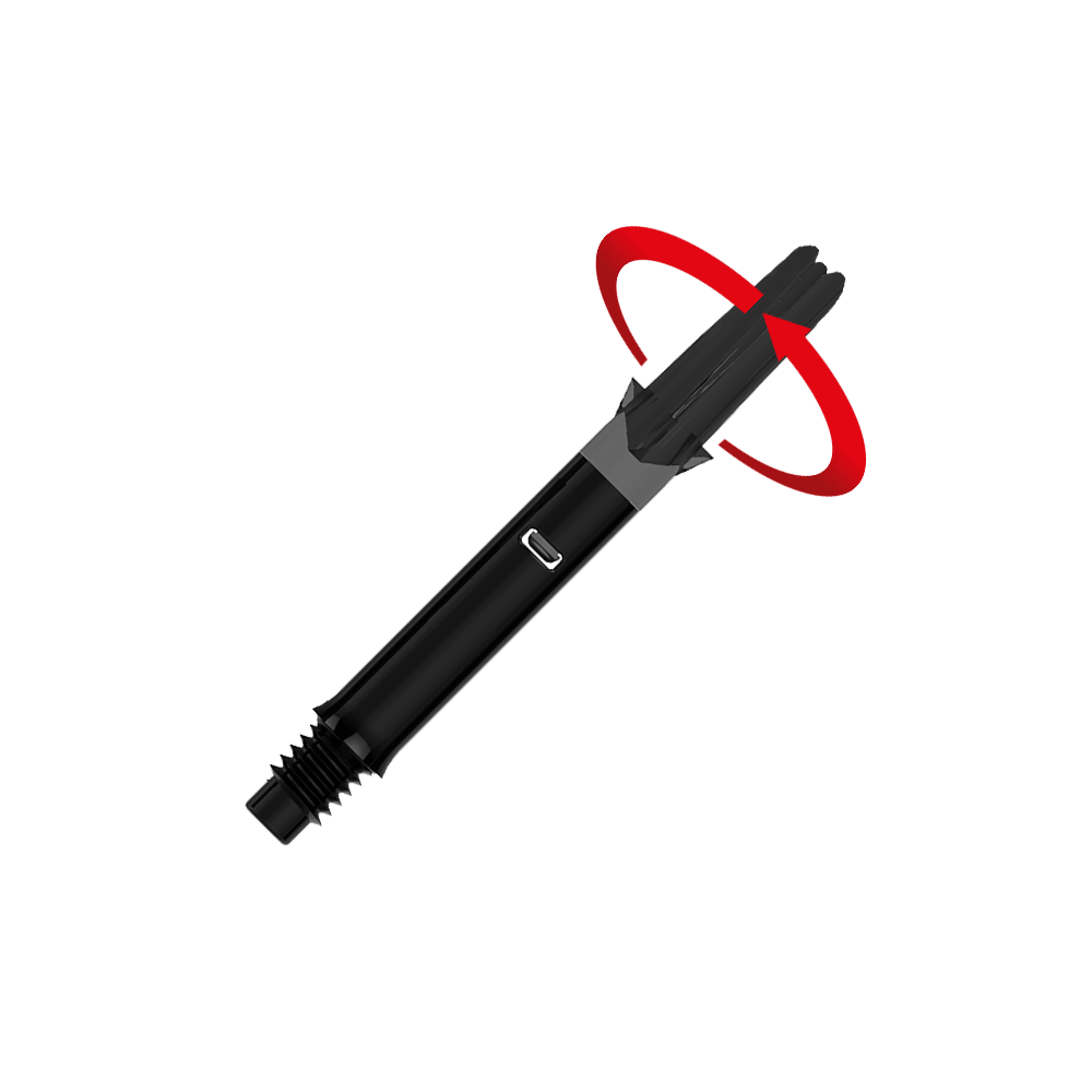 L-Style L-Shafts Silent Straight - Schwarz 260 Das Bild zeigt einen schwarzen, geraden Dart-Schaft ohne Kappen. Ein roter Pfeil deutet eine Drehbewegung am oberen Ende des Schafts an.