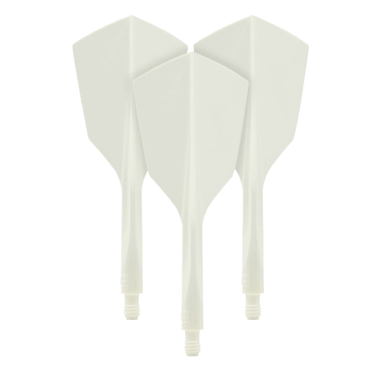 Condor Axe 120 Flight-System White - Narrow Auf dem Bild sind drei weiße Dartflights aus dem Set "Condor Axe 120 Flight-System White - Narrow" zu sehen. Die Flights haben eine schmale Form und sind miteinander verbunden.