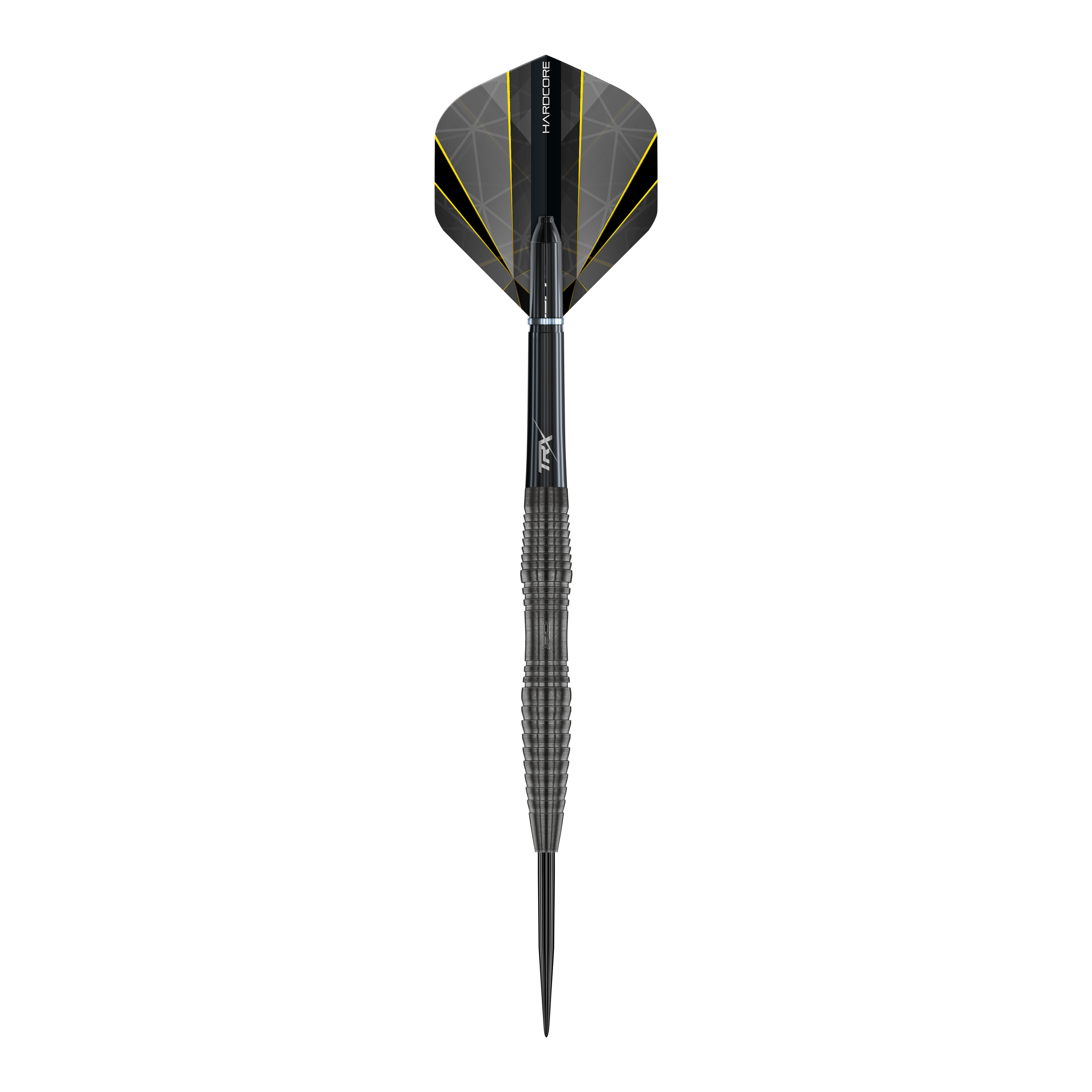 Red Dragon Seren 3 Onyx Steeldarts Das Bild zeigt einen einzelnen Steeldart namens "Red Dragon Seren 3 Onyx". Der Dart ist hauptsächlich schwarz mit einem auffälligen Design und gelben Akzenten auf den Flights.