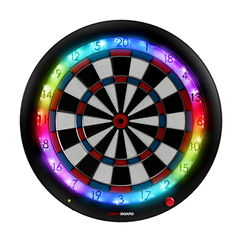 G01260_GranBoard_3S_Blue_LED_Elektronisches_Dartboard_1 Das Bild zeigt das elektronische Dartboard „GranBoard 3S LED“ mit einem leuchtenden LED-Ring. Die Zahlen und Segmente sind deutlich sichtbar und farbenfroh beleuchtet.