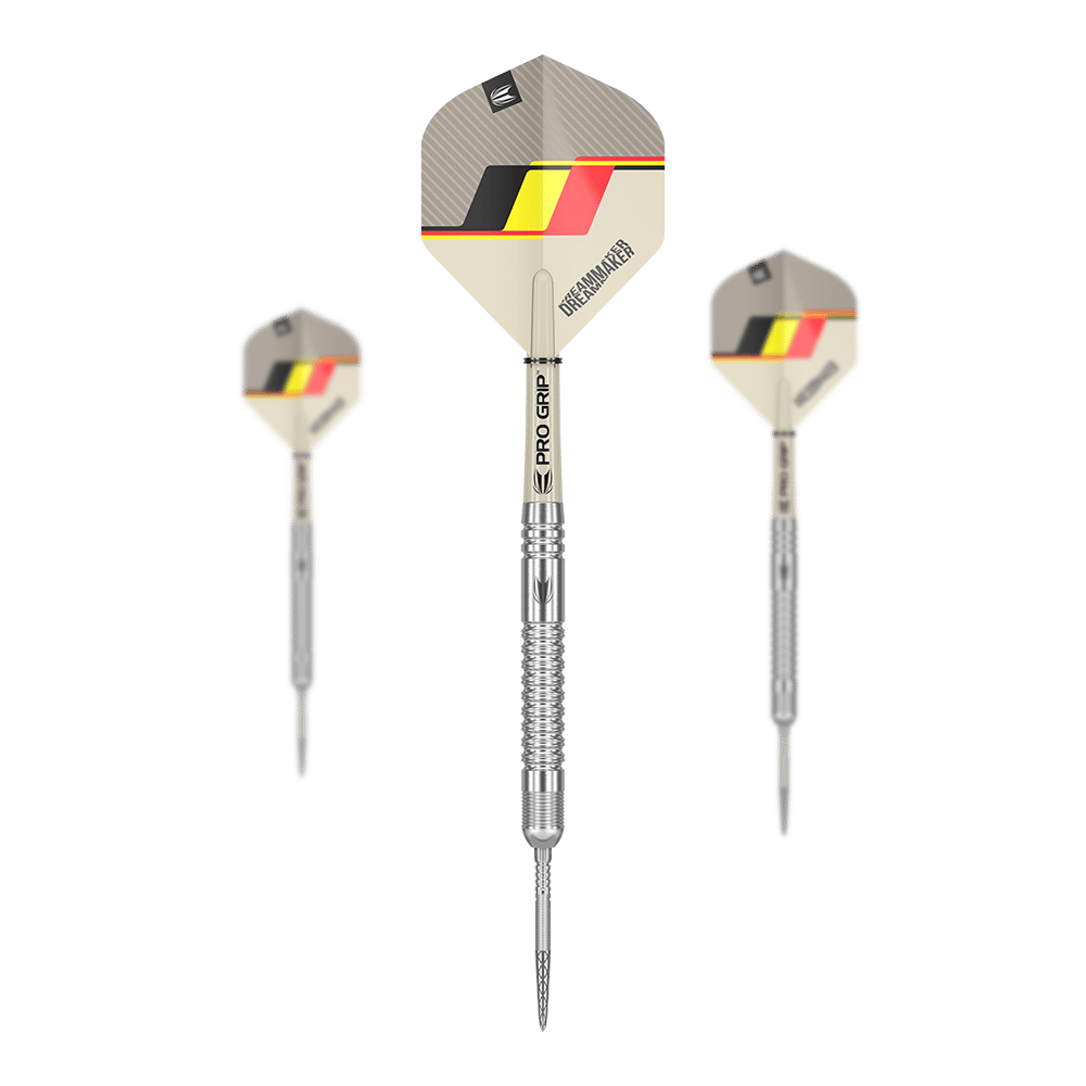 Das Bild zeigt drei Steeldarts des Modells "Target Dimitri Van Den Bergh GEN2 Swiss Point". Die Darts haben silberne Spitzen und Schäfte sowie Flights mit einem schwarz-gelb-roten Design.