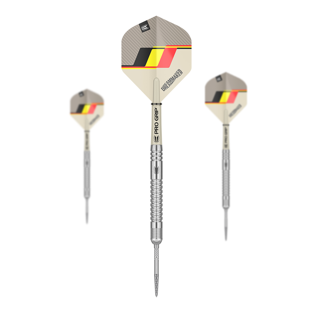 Target Dimitri Van Den Bergh GEN2 Swiss Point Steeldarts Das Bild zeigt drei Steeldarts des Modells "Target Dimitri Van Den Bergh GEN2 Swiss Point". Die Darts haben silberne Spitzen und Schäfte sowie Flights mit einem schwarz-gelb-roten Design.