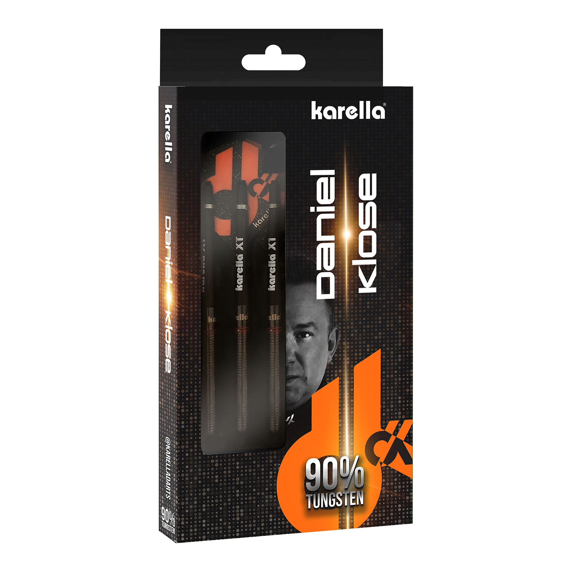 Karella Daniel Klose Steeldarts Die Verpackung zeigt die Karella Daniel Klose Steeldarts. Die Darts bestehen zu 90% aus Wolfram.