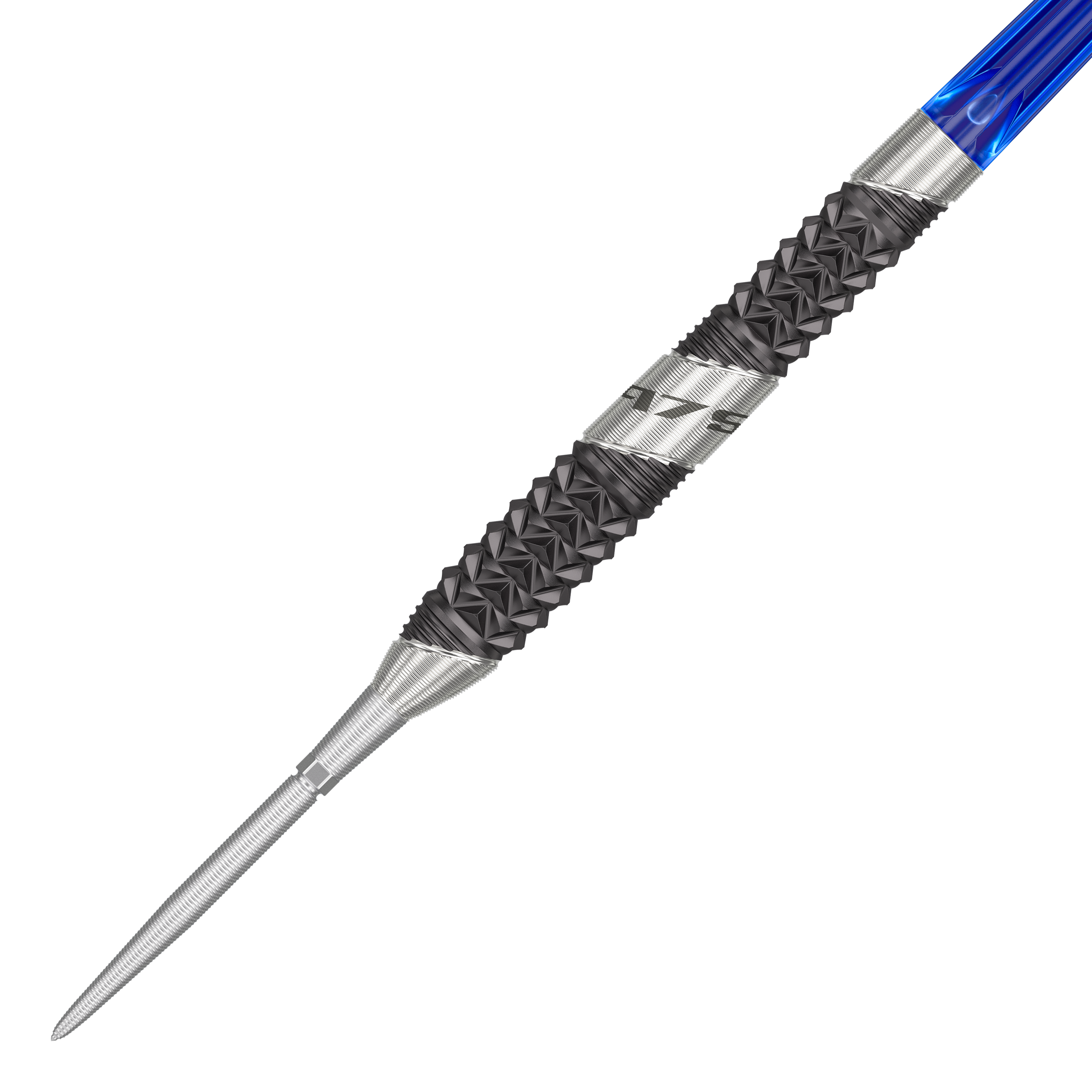 Das Bild zeigt einen Target 975 Ultra Marine 02 Swiss Point Steeldart. Der Dart hat eine silberne Spitze, einen schwarzen, strukturierten Griffbereich und einen blauen Schaft.