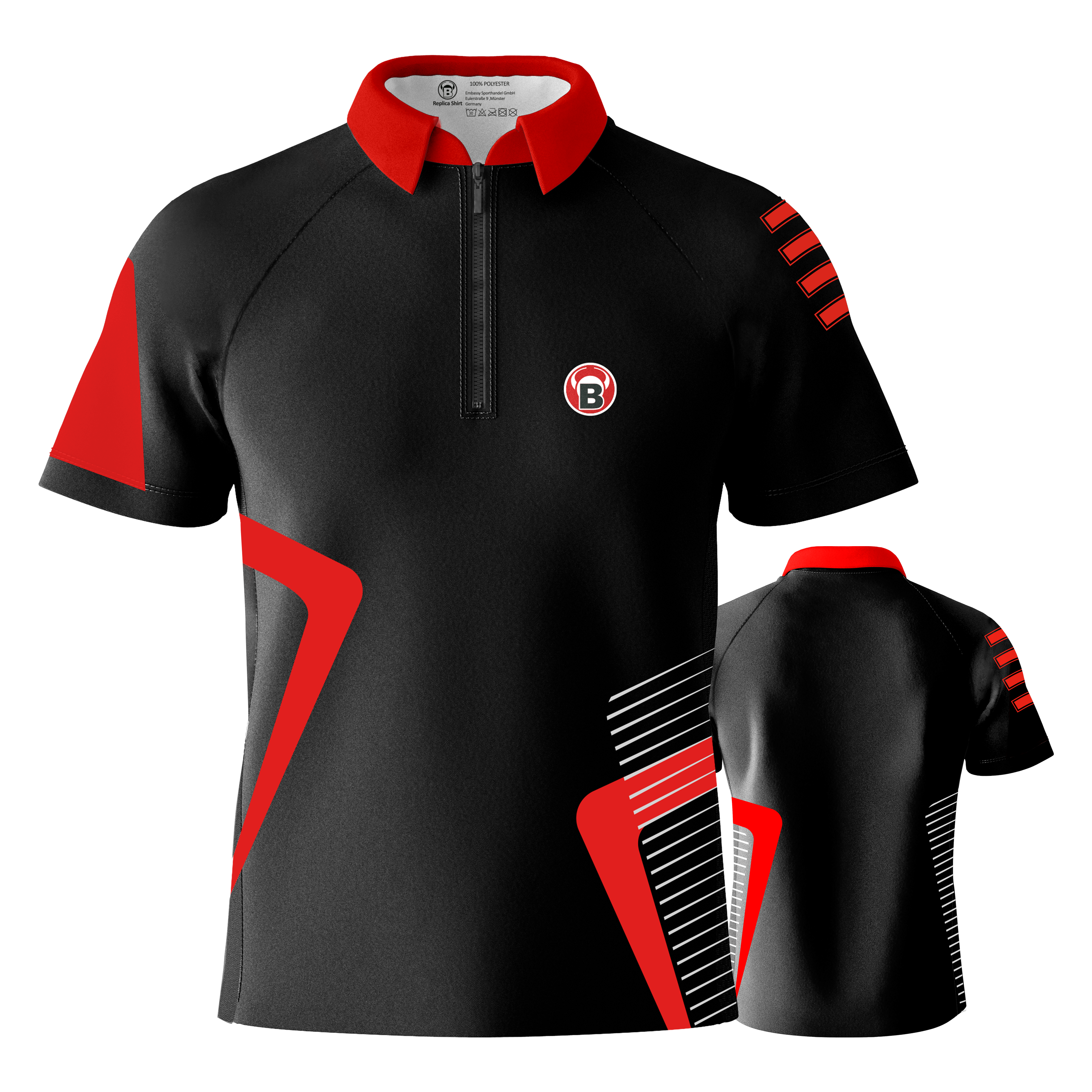 Bulls Team Dartshirt - Rot Das Bild zeigt ein schwarzes Dartshirt mit roten und weißen Akzenten. Das Shirt hat einen roten Kragen und das Bulls-Logo auf der Vorderseite.