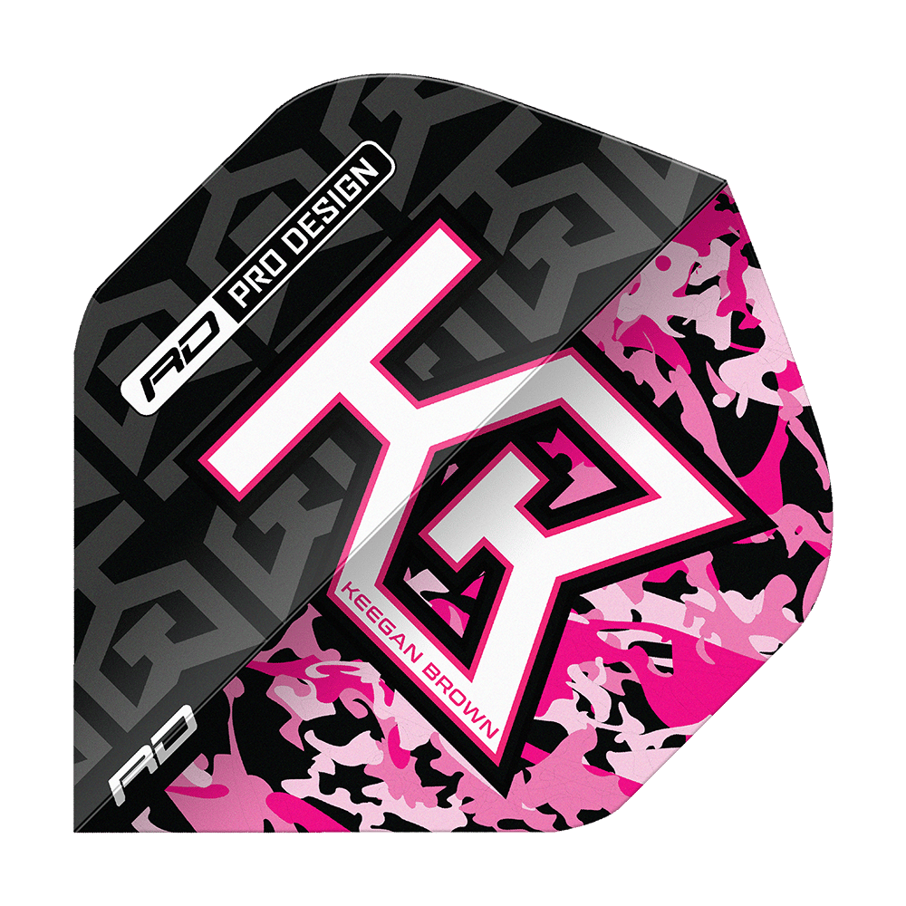 Das Bild zeigt das Produkt "Red Dragon Hardcore Keegan Brown Premium No2 Standard Flights". Das Design ist in Schwarz, Pink und Weiß gehalten und trägt die Aufschrift "Keegan Brown".