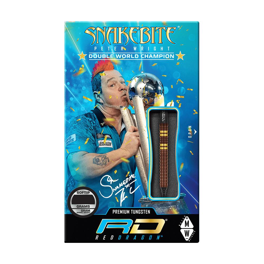 RD2570_Red_Dragon_Peter_Wright_Copper_Fusion_Softdarts_3 Die Verpackung zeigt die Red Dragon Peter Wright Copper Fusion Softdarts mit 20 Gramm Gewicht. Auf der Vorderseite ist ein Bild von Peter Wright mit Pokalen und der Aufschrift "Double World Champion" zu sehen.