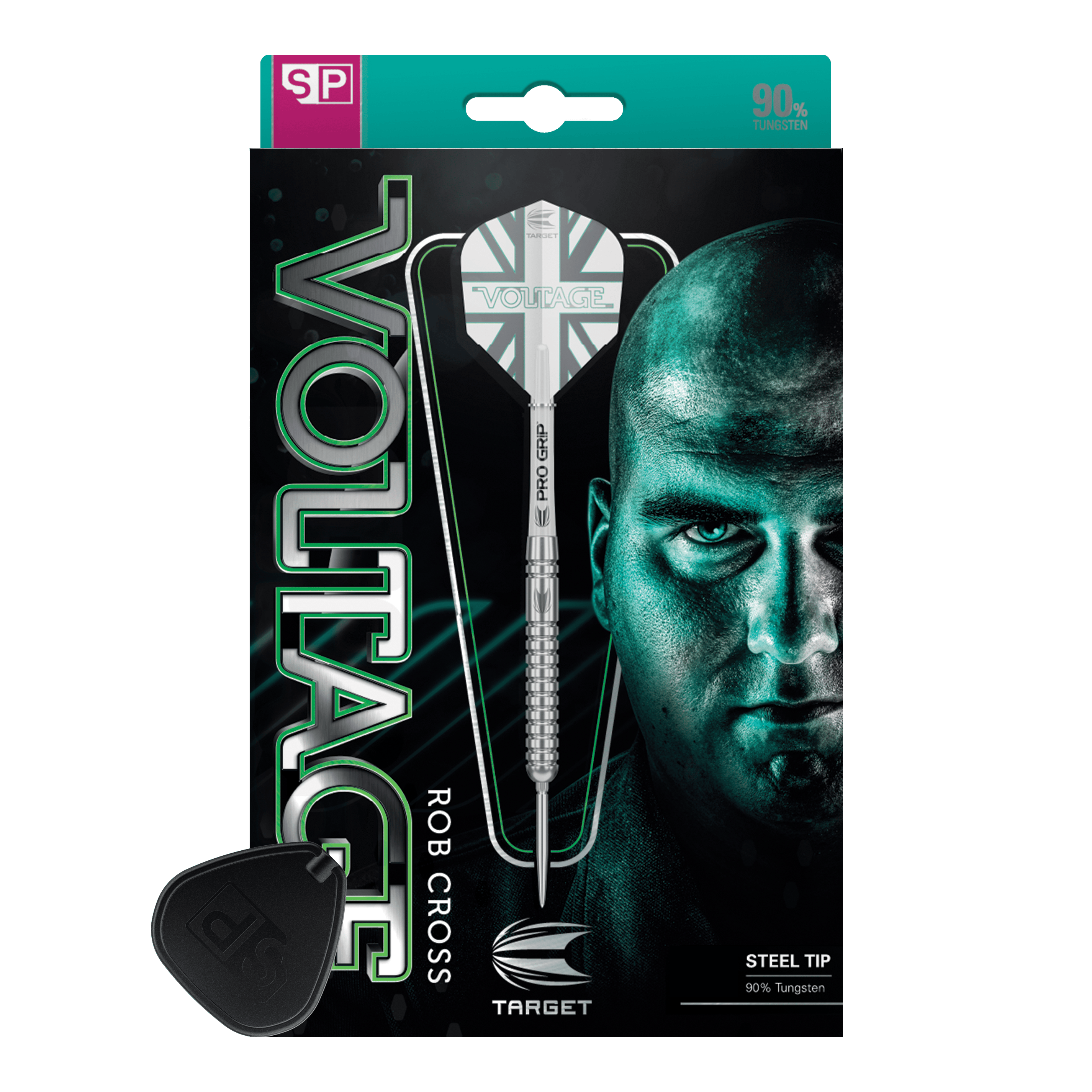 Target Rob Cross Voltage Swiss Point Steeldarts Das Bild zeigt die Verpackung der "Target Rob Cross Voltage Swiss Point Steeldarts". Auf der Verpackung sind ein Dartpfeil und das Gesicht eines Mannes prominent abgebildet.