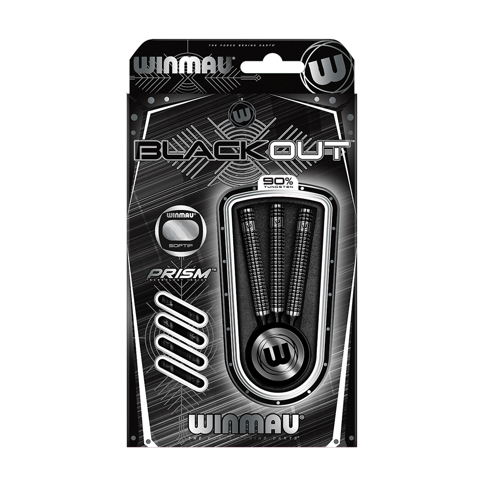 2061-20-Winmau-Blackout-Tungsten-Softdarts-3 Die Abbildung zeigt eine Packung "Winmau Blackout Tungsten Softdarts". In der Verpackung sind drei schwarze Softdarts mit 90% Tungsten-Anteil zu sehen.