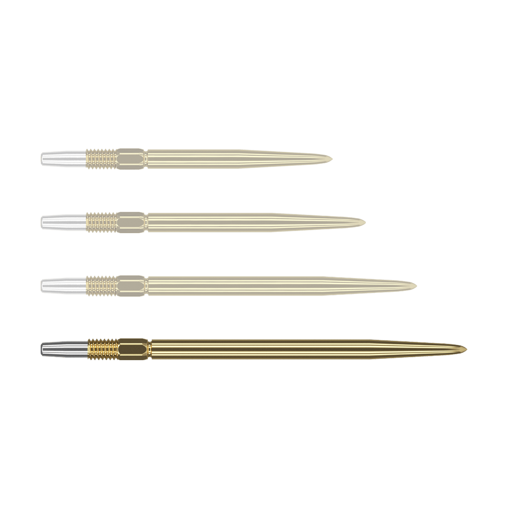 Auf dem Bild sind vier goldfarbene Dartspitzen zu sehen, die nebeneinander liegen. Die Spitzen haben einen silbernen Abschnitt am linken Ende und sind ansonsten komplett goldfarben.