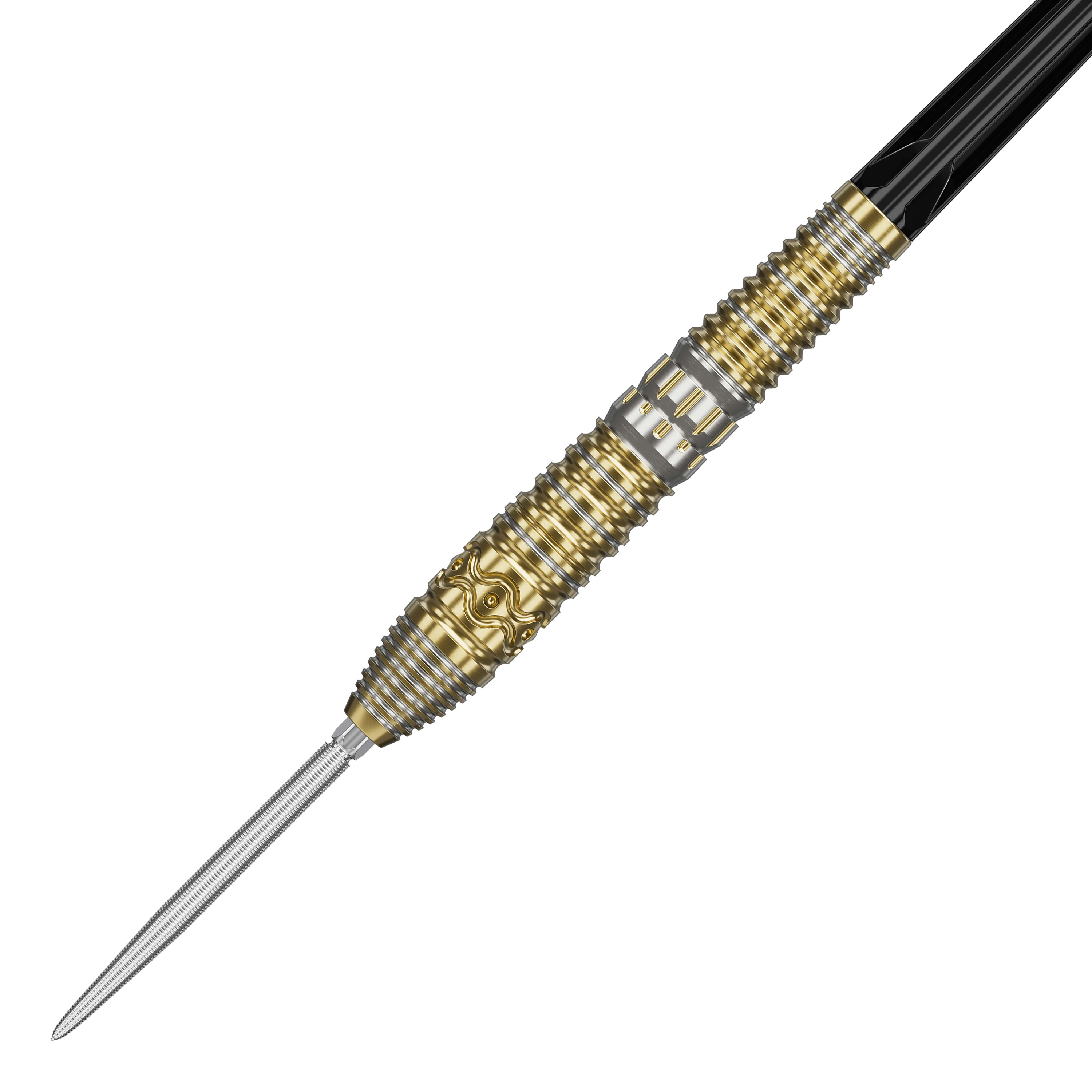 Target Japan Hot Shot GEN2 Steeldarts - 23g Das Bild zeigt einen Target Japan Hot Shot GEN2 Steeldart mit einem Gewicht von 23g. Der Steeldart hat ein auffälliges Design mit goldenen und silbernen Rillen und Mustern am Barrel.
