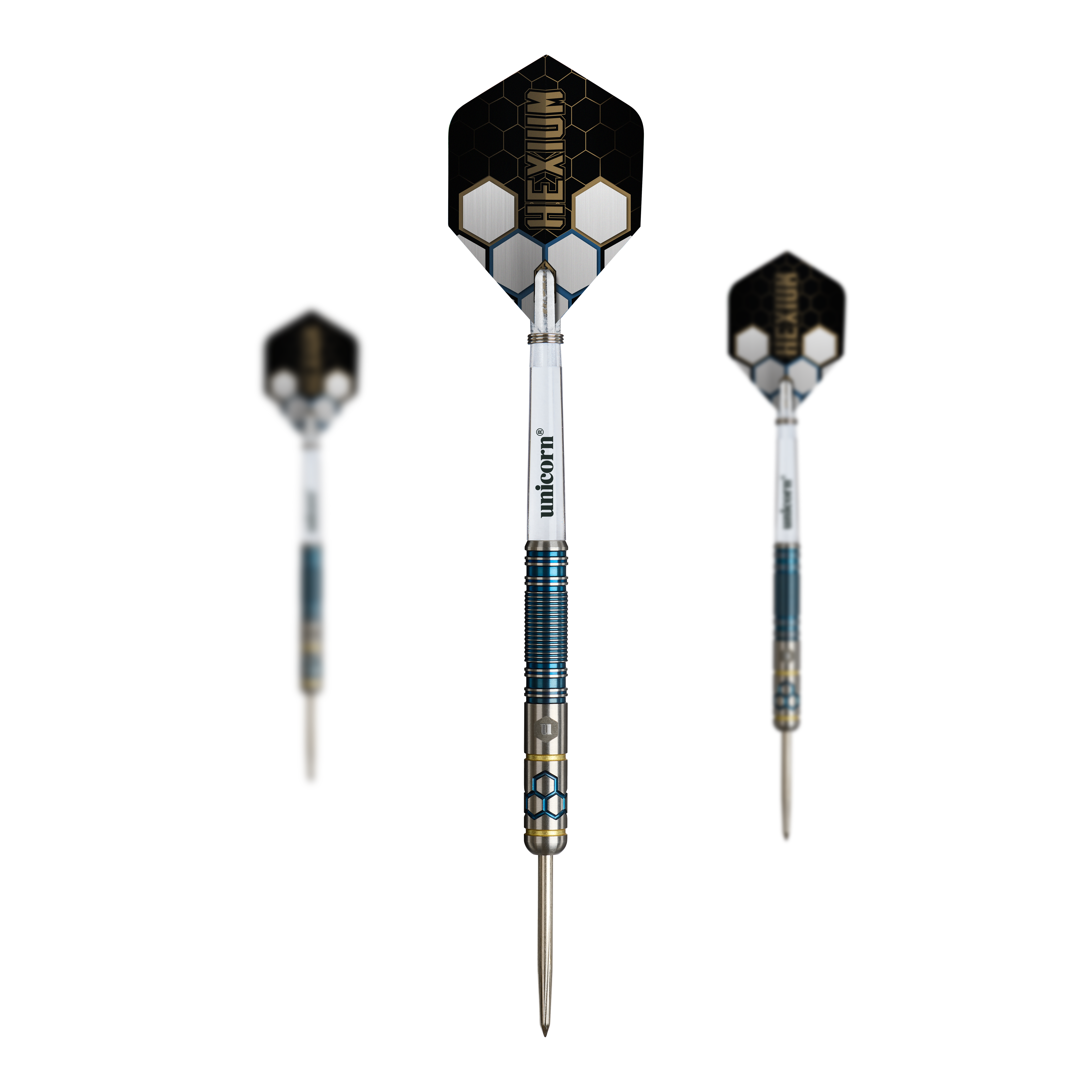 Unicorn Hexium Style 02 Blue & Gold Steeldarts Auf dem Bild ist ein Set der Unicorn Hexium Style 02 Blue & Gold Steeldarts abgebildet. Das Set enthält Steeldarts in eleganten Farben.