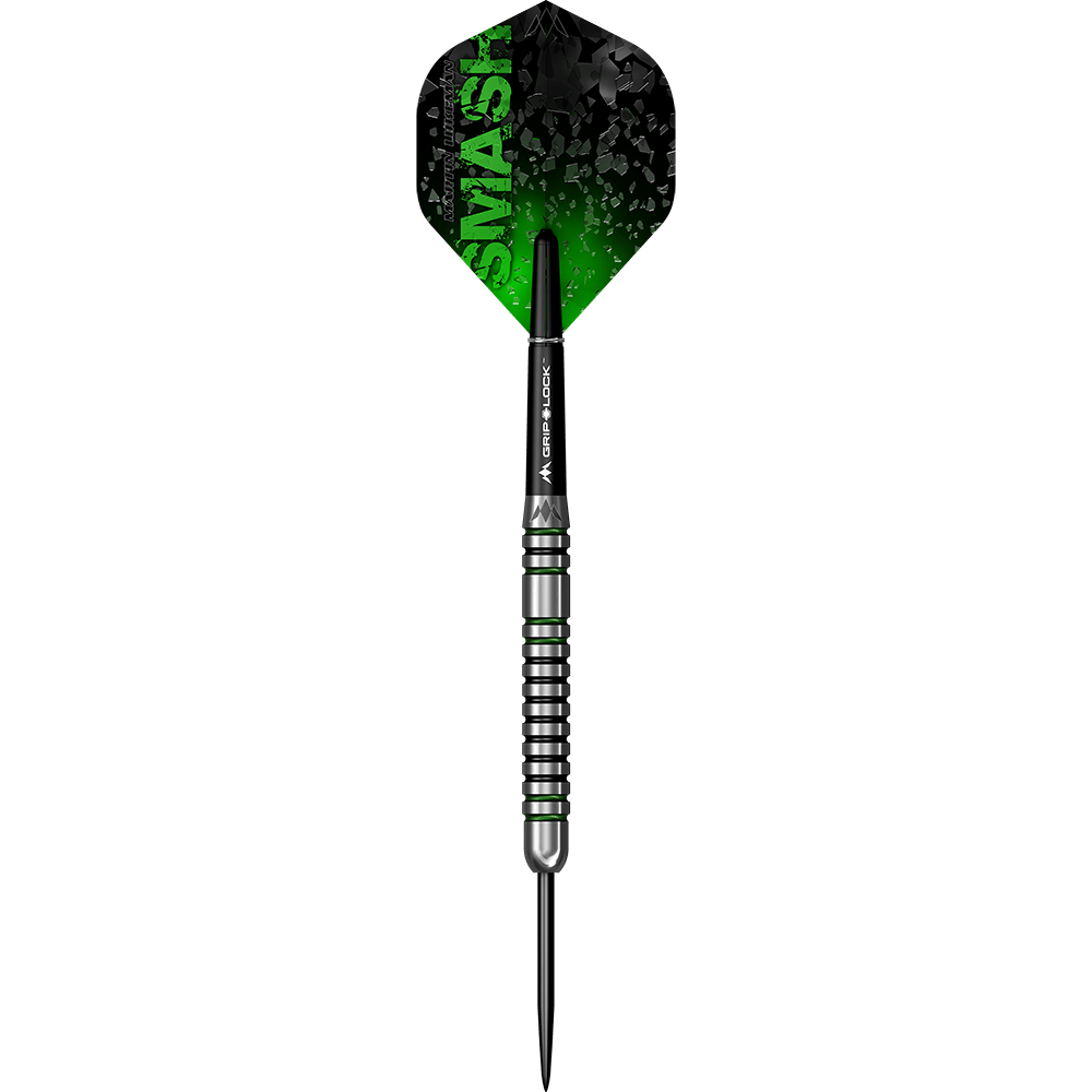 M001006_Mission_Martin_Lukeman_Smash_Steeldarts_16HFVn65dcuyV8 Dieses Bild zeigt einen Steeldart mit dem Namen "Mission Martin Lukeman Smash Steeldarts - 23g". Der Dartpfeil hat ein schwarzes und grünes Flight-Design mit dem Wort "SMASH" darauf.