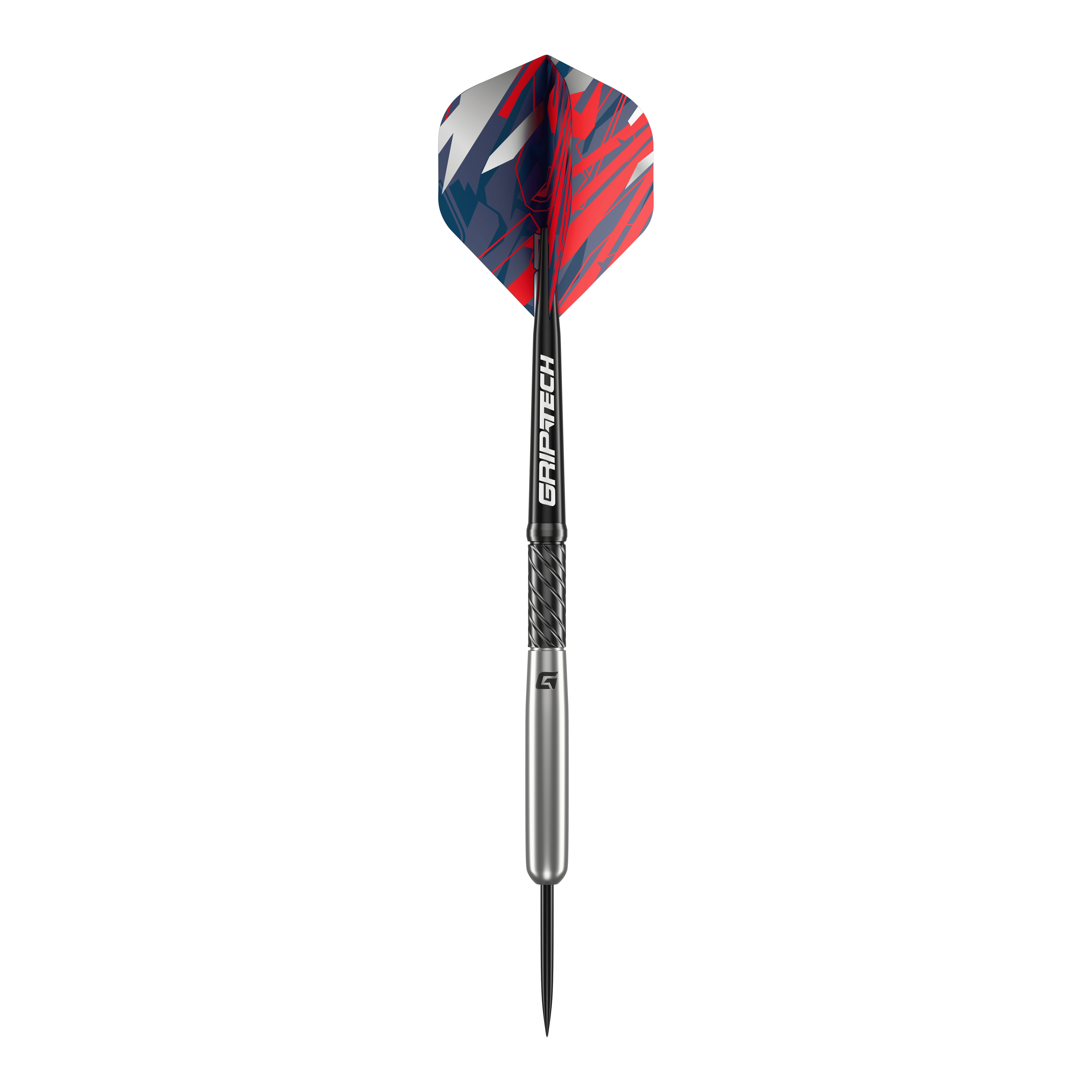 Das Bild zeigt den GOAT Homerun Baseball Tungsten Steeldart. Der Dart hat auffällige Flights in Rot, Blau und Weiß sowie einen silbernen Schaft mit der Aufschrift "GRIP-TECH".