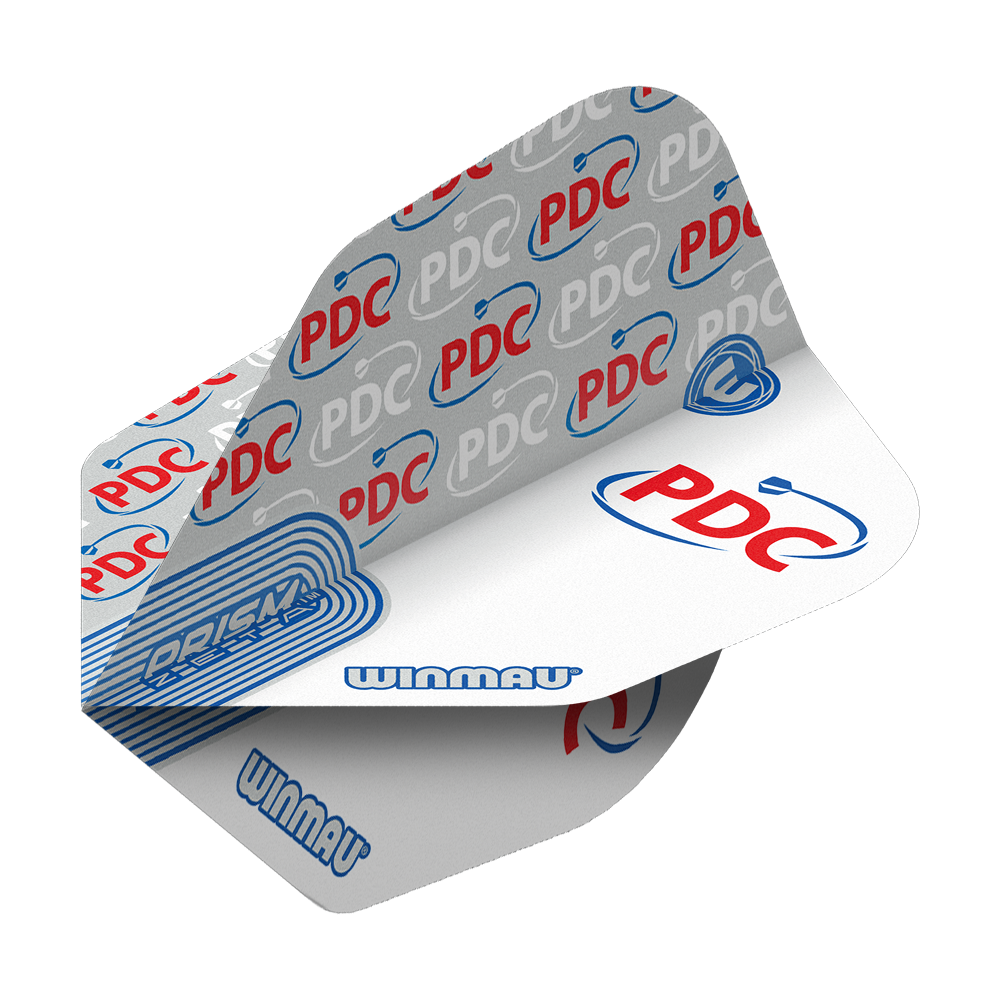 Das Bild zeigt die weißen Winmau Prism Zeta PDC No6 Flights für Dartpfeile. Sie sind mit den Logos von "PDC" und "Winmau" in Blau und Rot bedruckt.