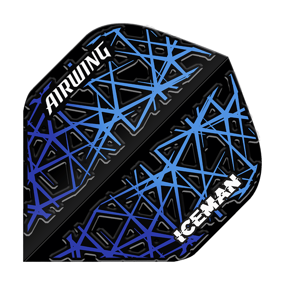 Das Bild zeigt einen "Red Dragon Airwing Gerwyn Price Blue Standard Flight" für Darts. Das Flight ist schwarz mit blauen Linien und den weißen Aufschriften "AIRWING" und "ICEMAN".