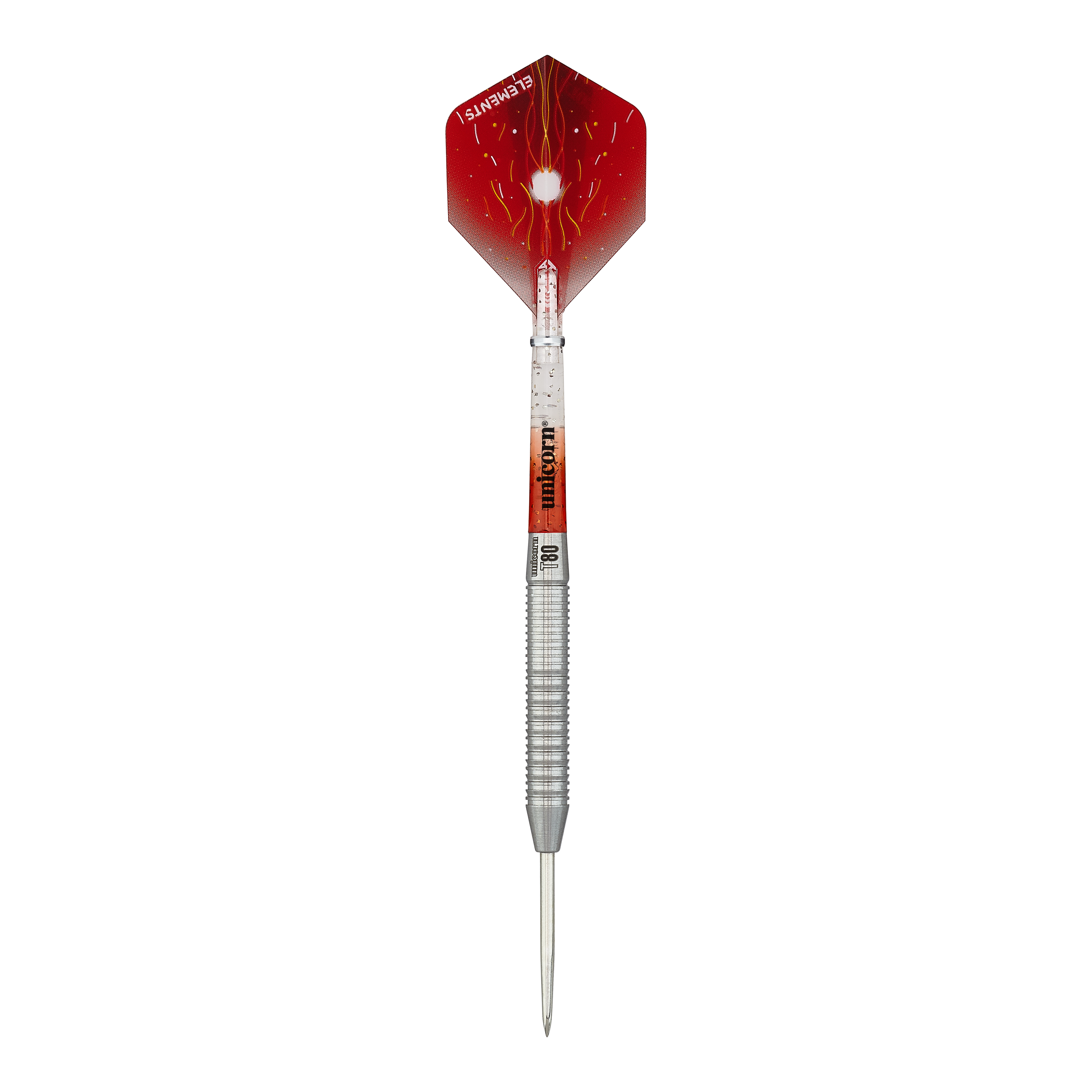 Unicorn Core XL Striker Style 1 Steeldarts - 22g Das Bild zeigt einen Unicorn Core XL Striker Style 1 Steeldart mit einem Gewicht von 22 Gramm. Der Dart hat eine silberne Spitze und einen roten Flight mit auffälligem Muster.