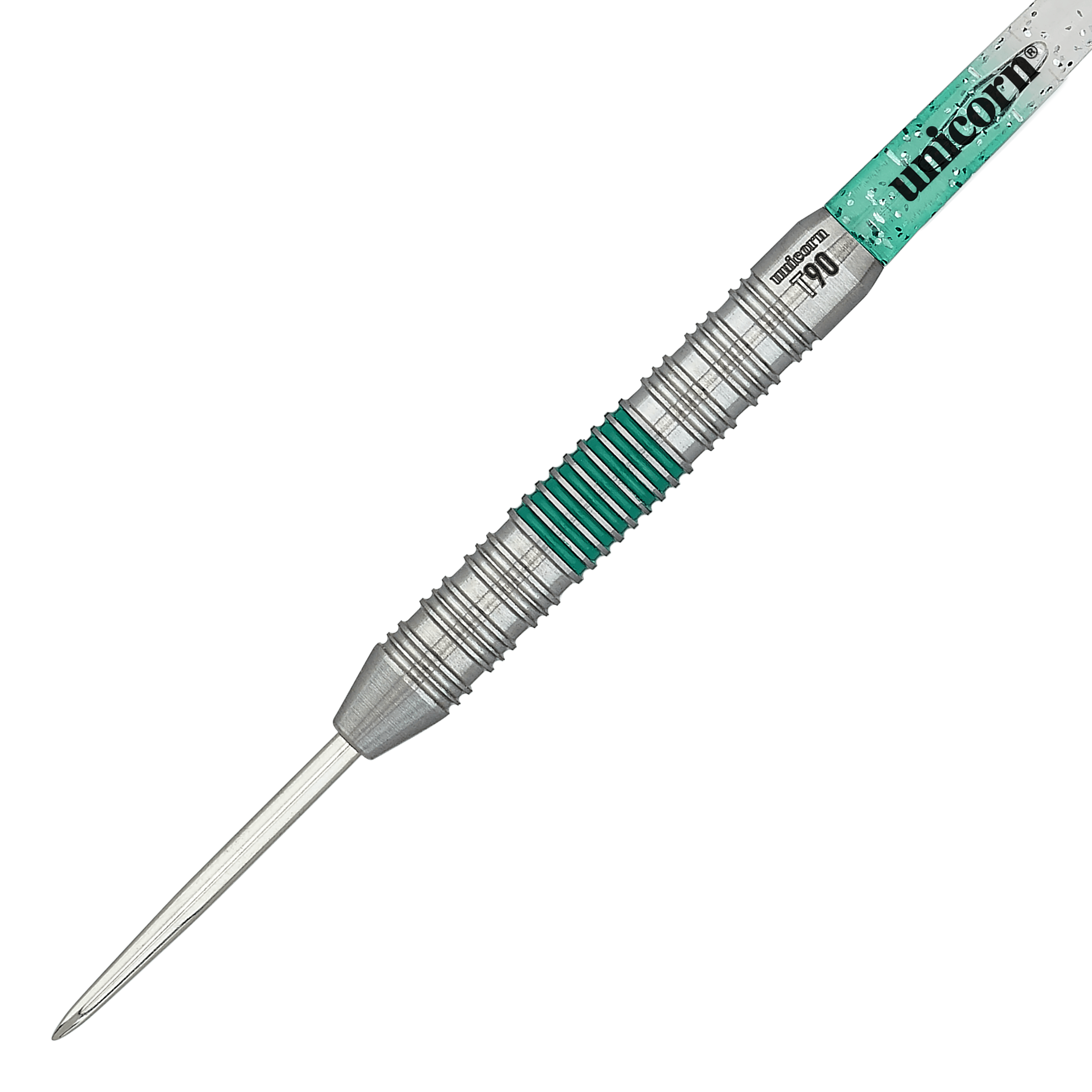 Das Bild zeigt einen Unicorn T90 Core XL Green Steeldart. Der Dart hat ein silbernes Barrel mit grünen Akzenten und einer spitzen Stahlspitze.
