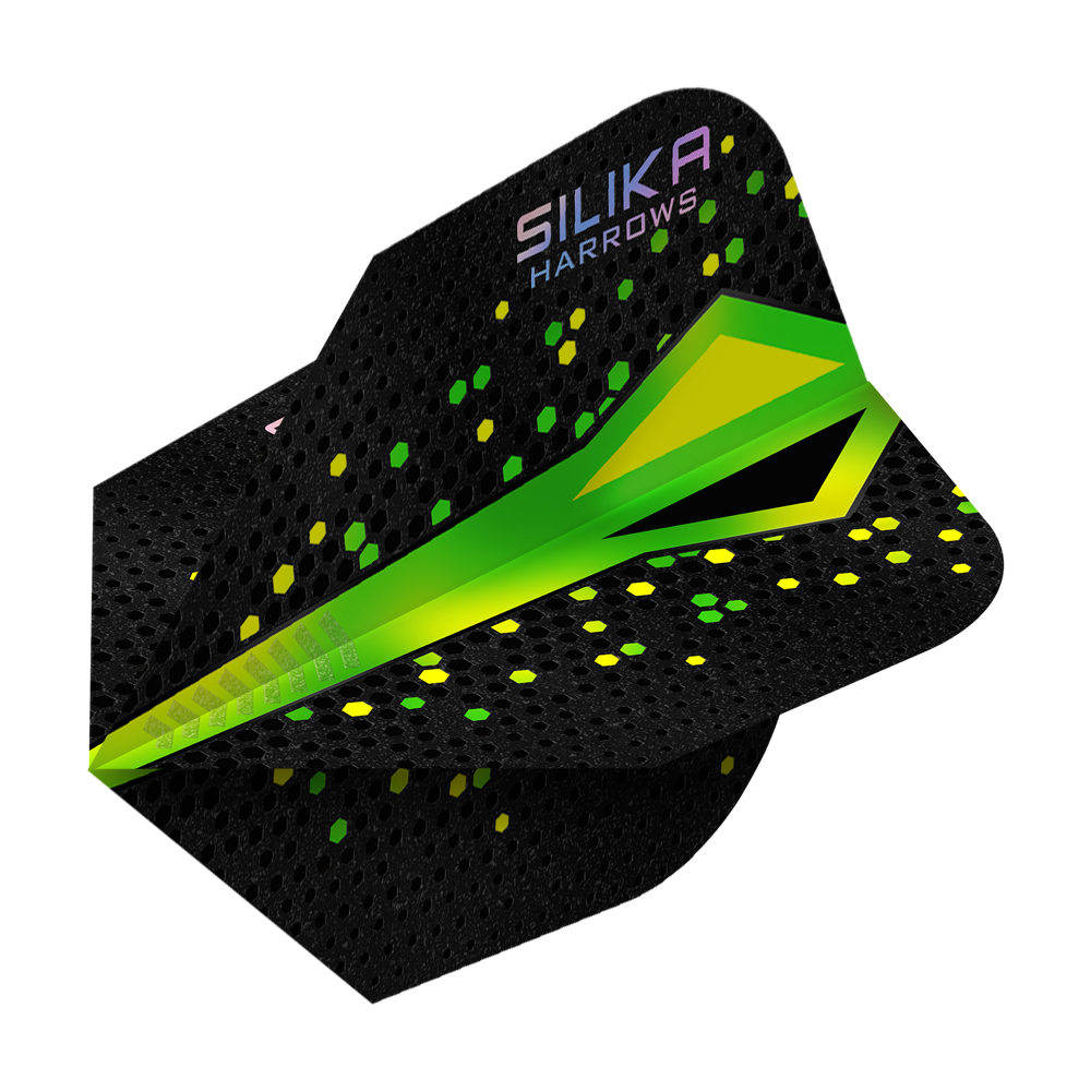 Harrows Silika Colourshift Tough Crystalline Coating Green No6 Flights Das Bild zeigt ein Dartflight der Marke Harrows mit dem Namen „Silika Colourshift Tough Crystalline Coating Green No6“. Das Flight ist überwiegend schwarz mit grünen und gelben Akzenten sowie hexagonalen Mustern.