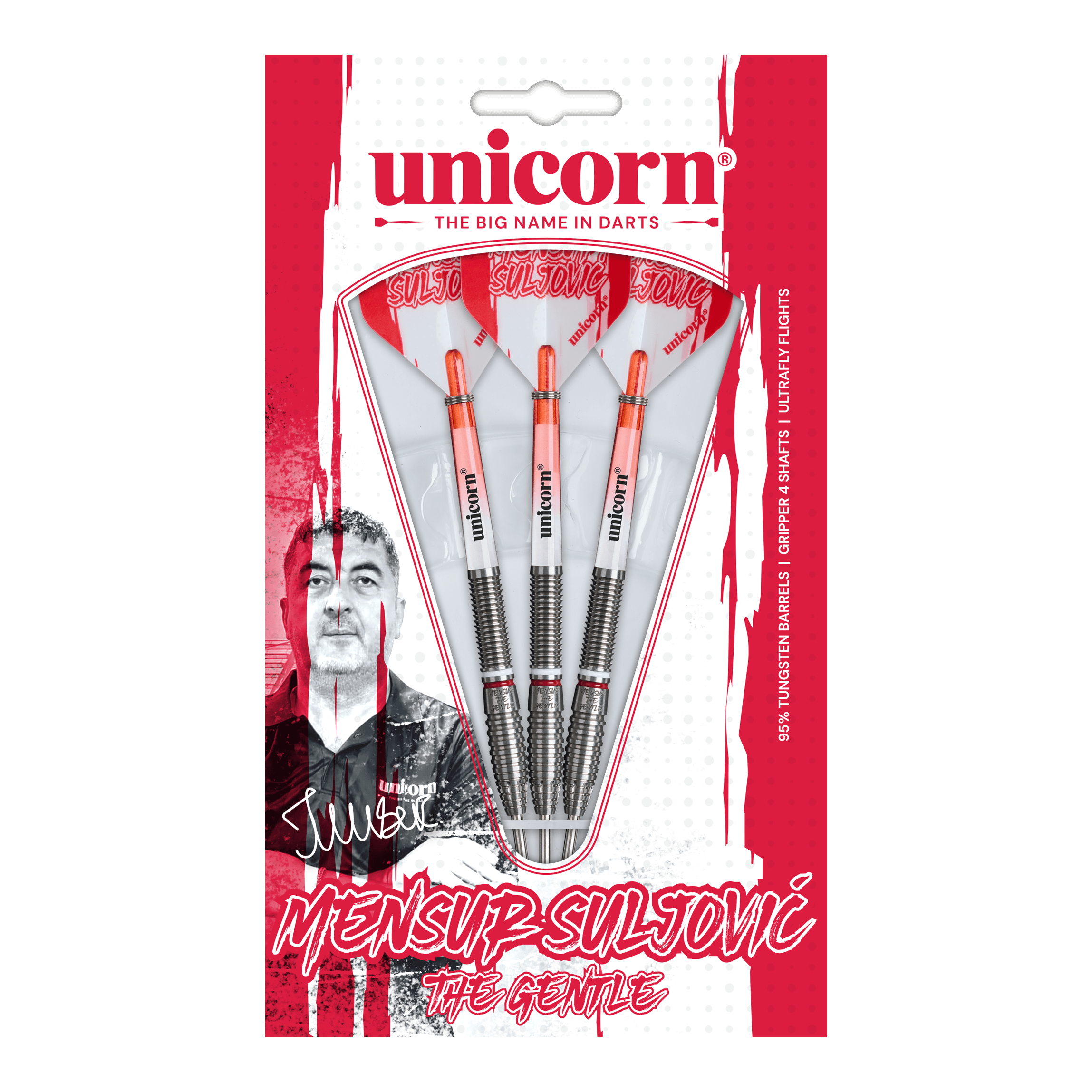 Unicorn Mensur Suljovic The Gentle Steeldarts - 23g Abgebildet ist das Unicorn Mensur Suljovic The Gentle Steeldarts-Set mit 23g Gewicht. Diese Darts sind für alle gedacht, die Mensur Suljovic schätzen.