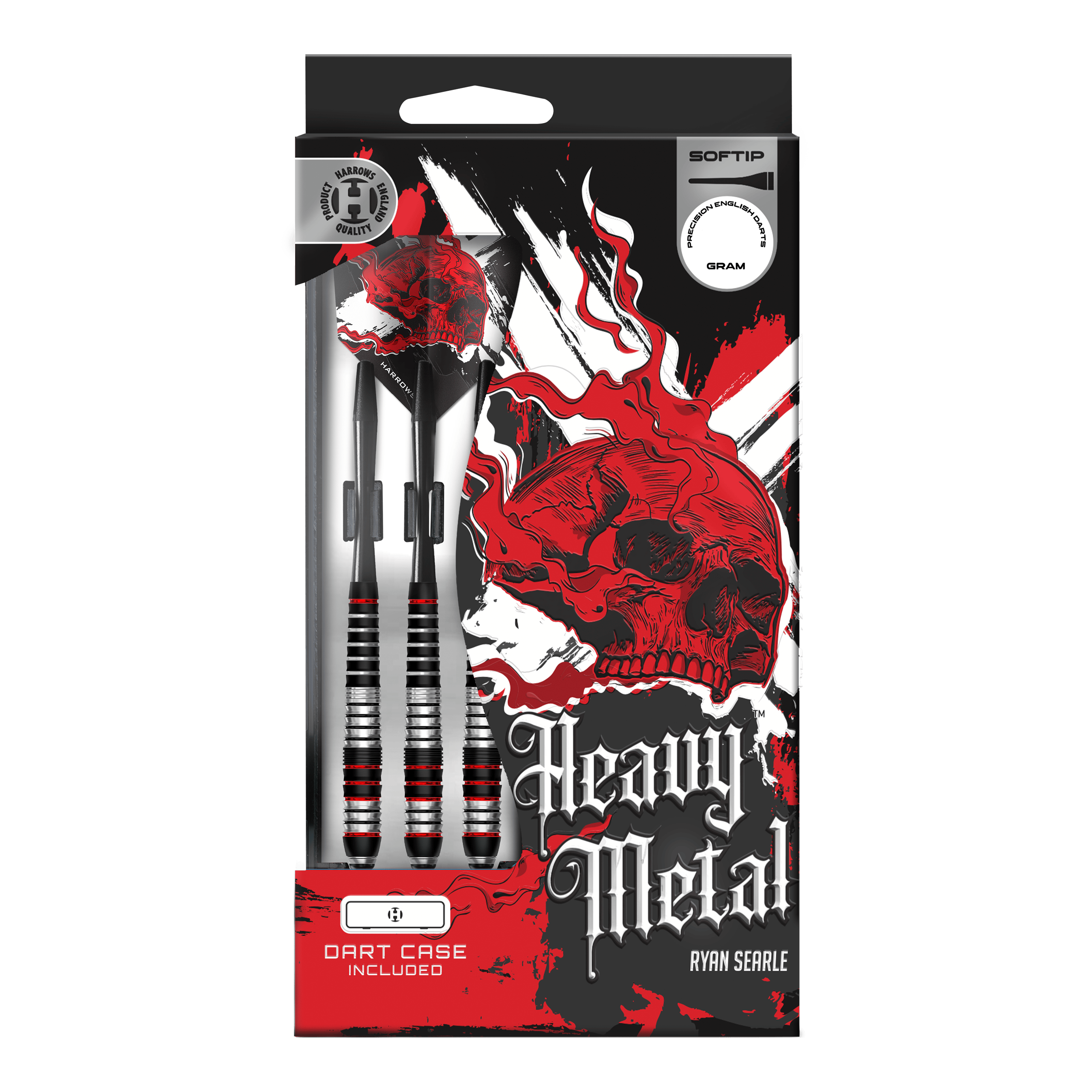 Harrows Heavy Metal Ryan Searle Brass Softdarts Das Bild zeigt Harrows Heavy Metal Ryan Searle Brass Softdarts. Die Darts werden aus Messing gefertigt und sind auf einer hellen Fläche angeordnet.