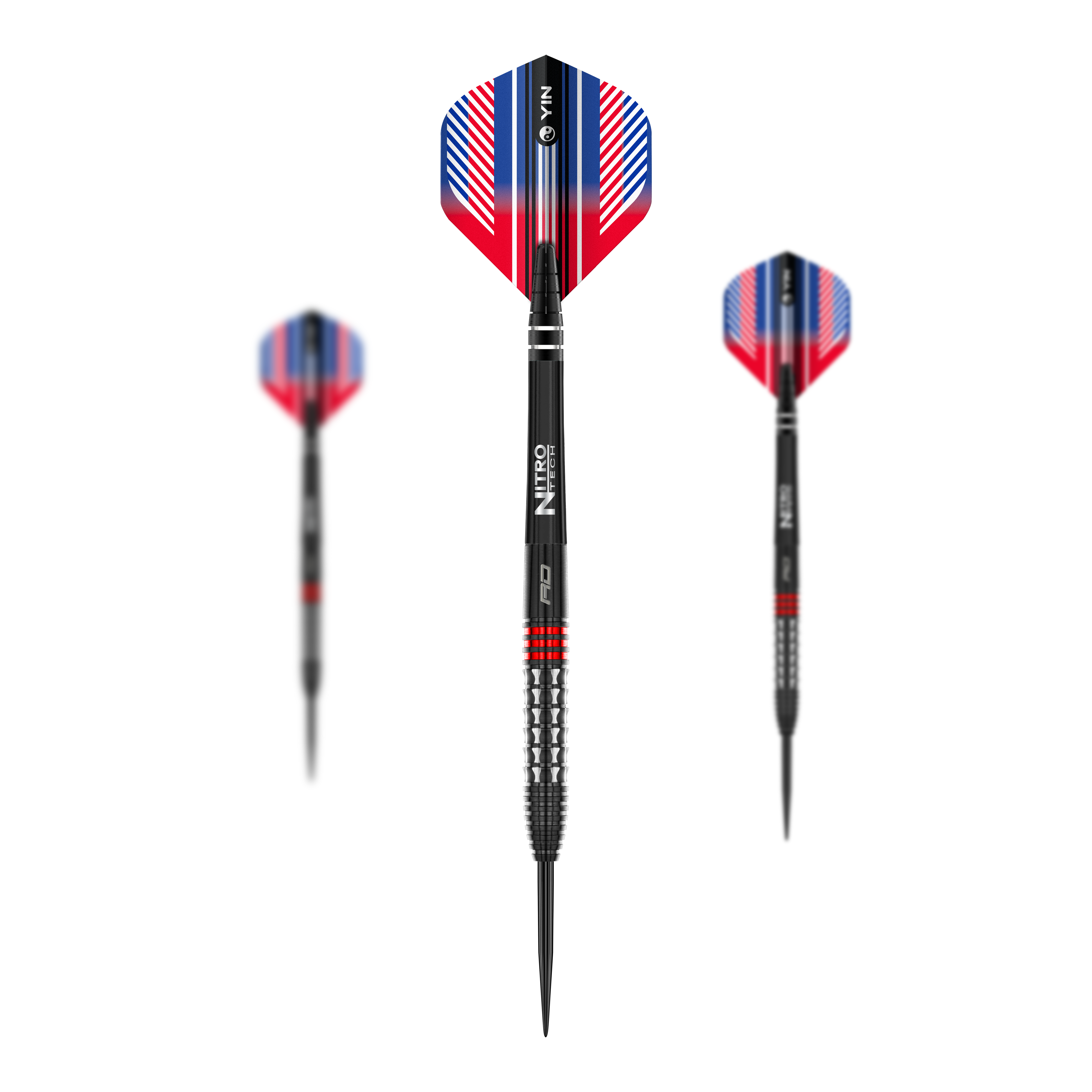 Das Bild zeigt drei Red Dragon Vengeance Red Steeldarts mit roten, blauen und weißen Flights. Die Darts haben schwarze Spitzen und silberne Griffe mit roten Akzenten.