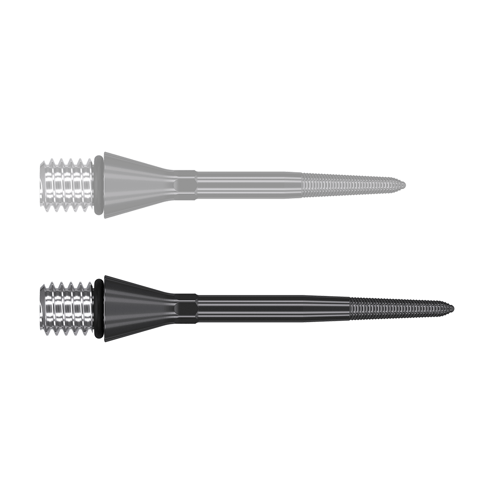 380161_Target_Titanium_Swiss_Point_Nano_Conversion_Points_Schwarz_30mm_10PSsLryVQ3XLQ Das Bild zeigt zwei schwarze, spitz zulaufende Metallteile mit einem gewindeförmigen Ende. Sie liegen parallel nebeneinander auf einem weißen Hintergrund.