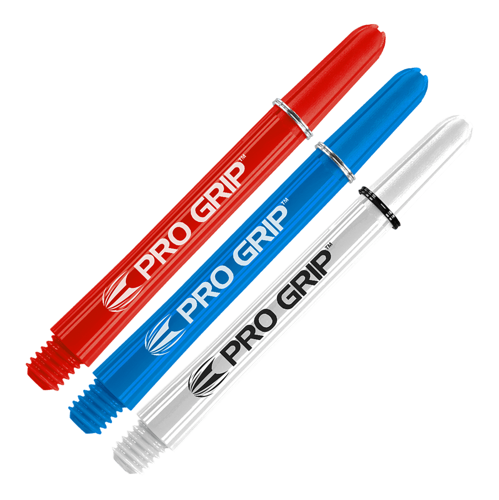 Target Pro Grip Shafts - 3 Sets - Rot Blau Weiß Das Bild zeigt drei Dartschäfte in den Farben Rot, Blau und Weiß. Auf jedem Schaft steht der Schriftzug "PRO GRIP".