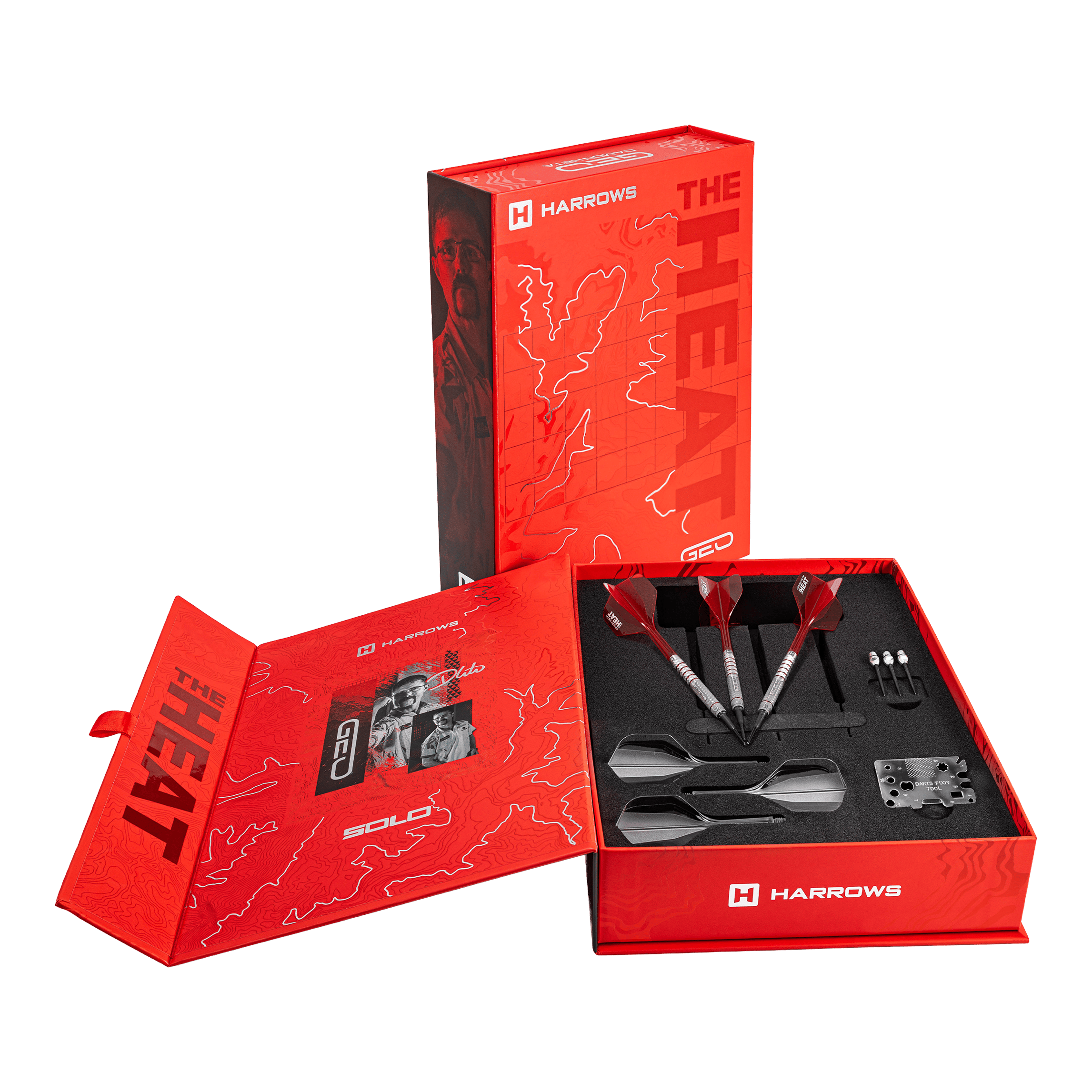 Harrows Damon Heta Geo Softdarts - 18g Die Harrows Damon Heta Geo Softdarts in 18g werden gezeigt. Die Darts sind modern gestaltet.