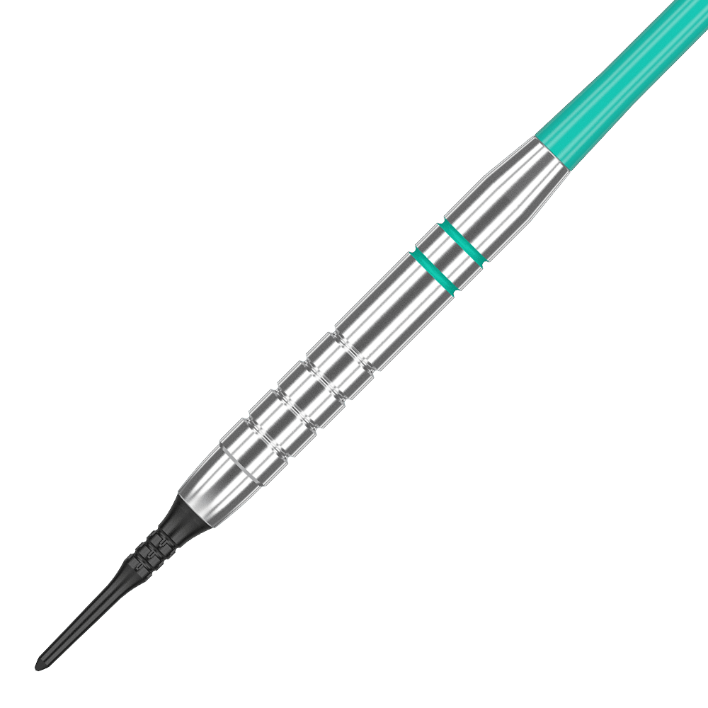 Das Bild zeigt einen Target Rob Cross Silver Voltage Softdart mit einem Gewicht von 18 Gramm. Der Dartpfeil hat ein silbernes Barrel mit türkisfarbenen Akzenten und einer schwarzen Softspitze.