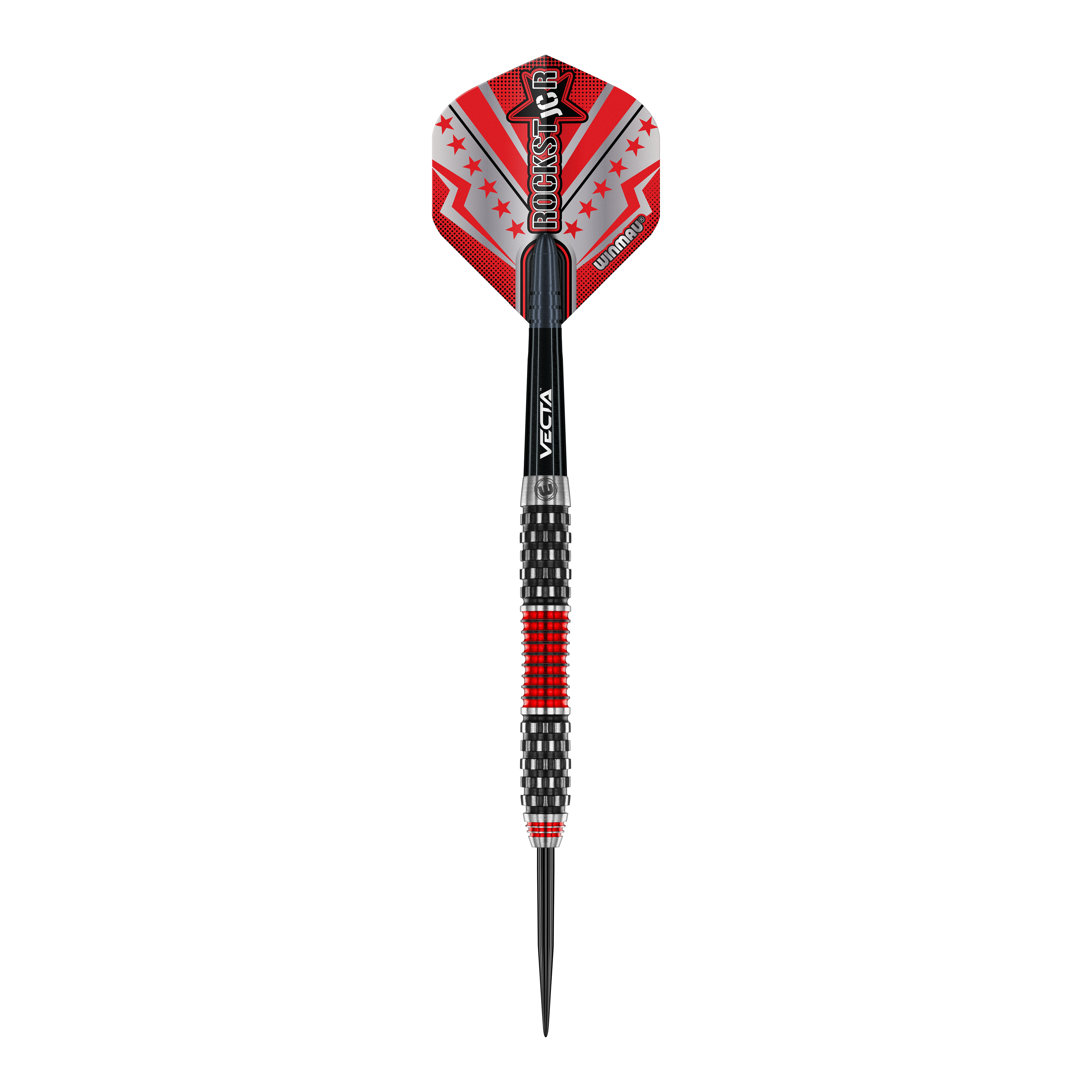 Winmau Joe Cullen Rockstar Series RS1 Steeldarts Das Bild zeigt einen Winmau Joe Cullen Rockstar Series RS1 Steeldartpfeil. Der Pfeil ist überwiegend schwarz mit roten und silbernen Akzenten sowie einem auffälligen "Rockstar"-Aufdruck auf dem Flight.